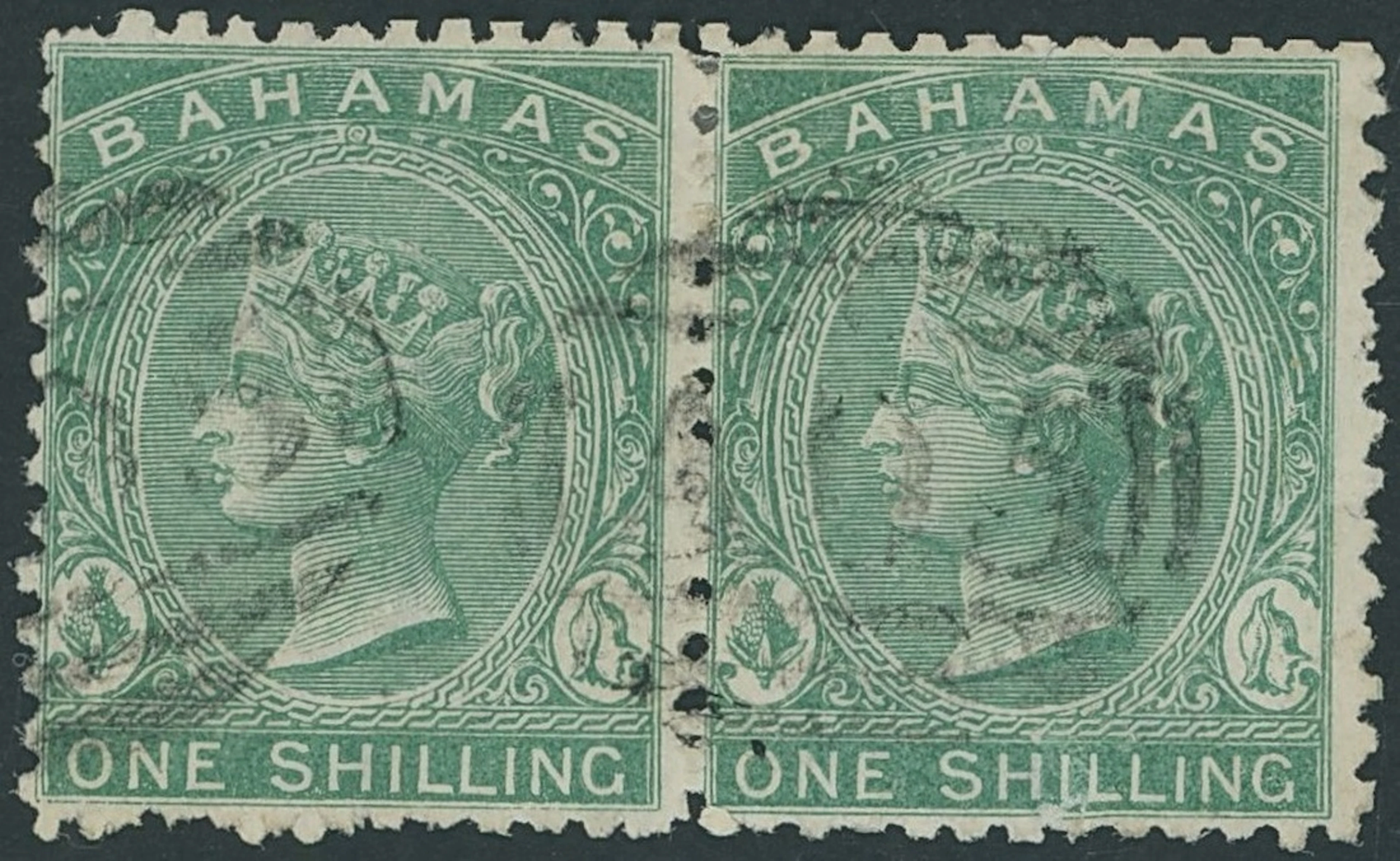 Bahamas 1865 CC perf 12½ 1/- blue-green horizontal pair lightly cancelled