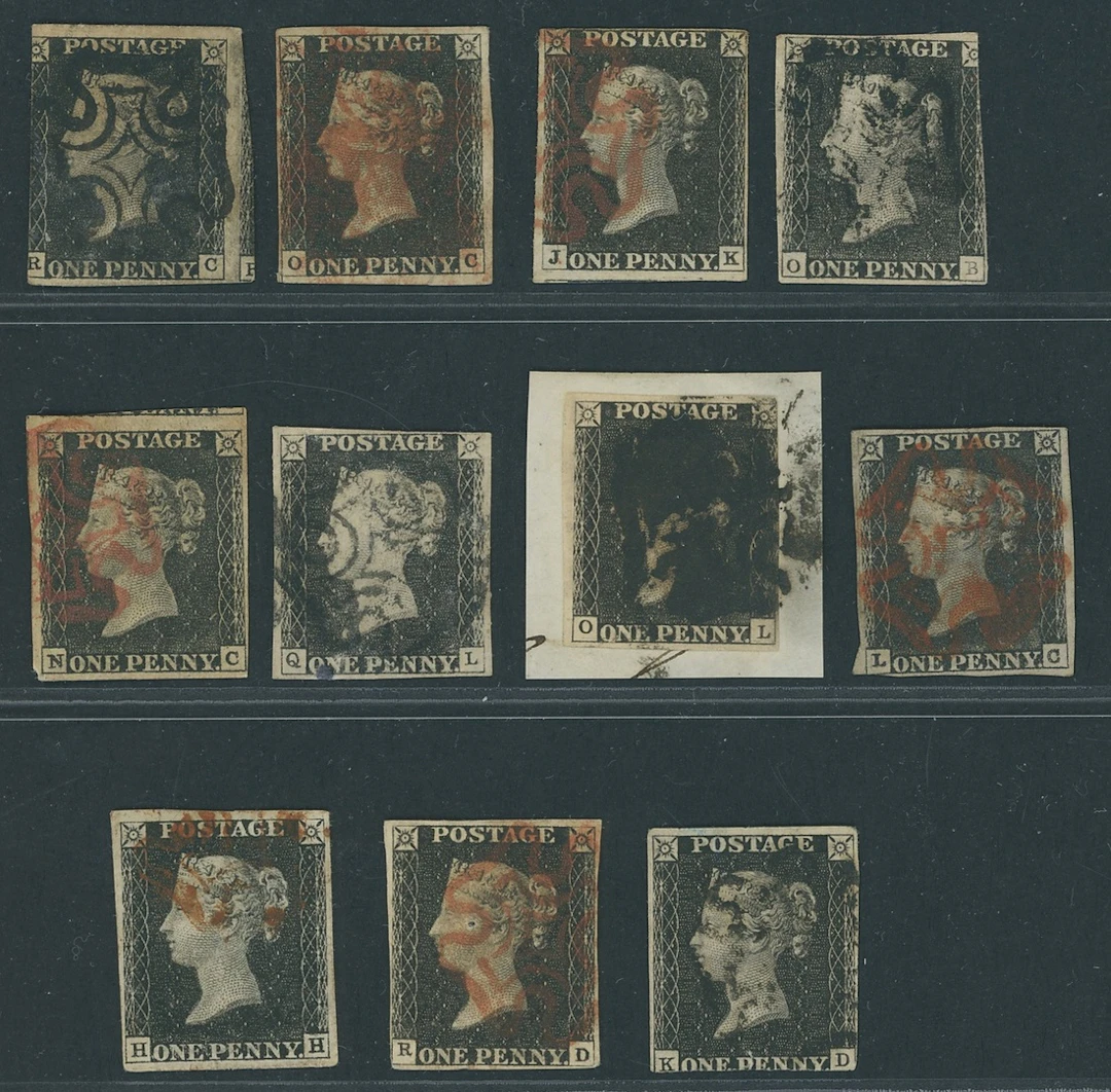 Great Britain 1840 One Penny Black Unplated Eleven examples, six cancelled