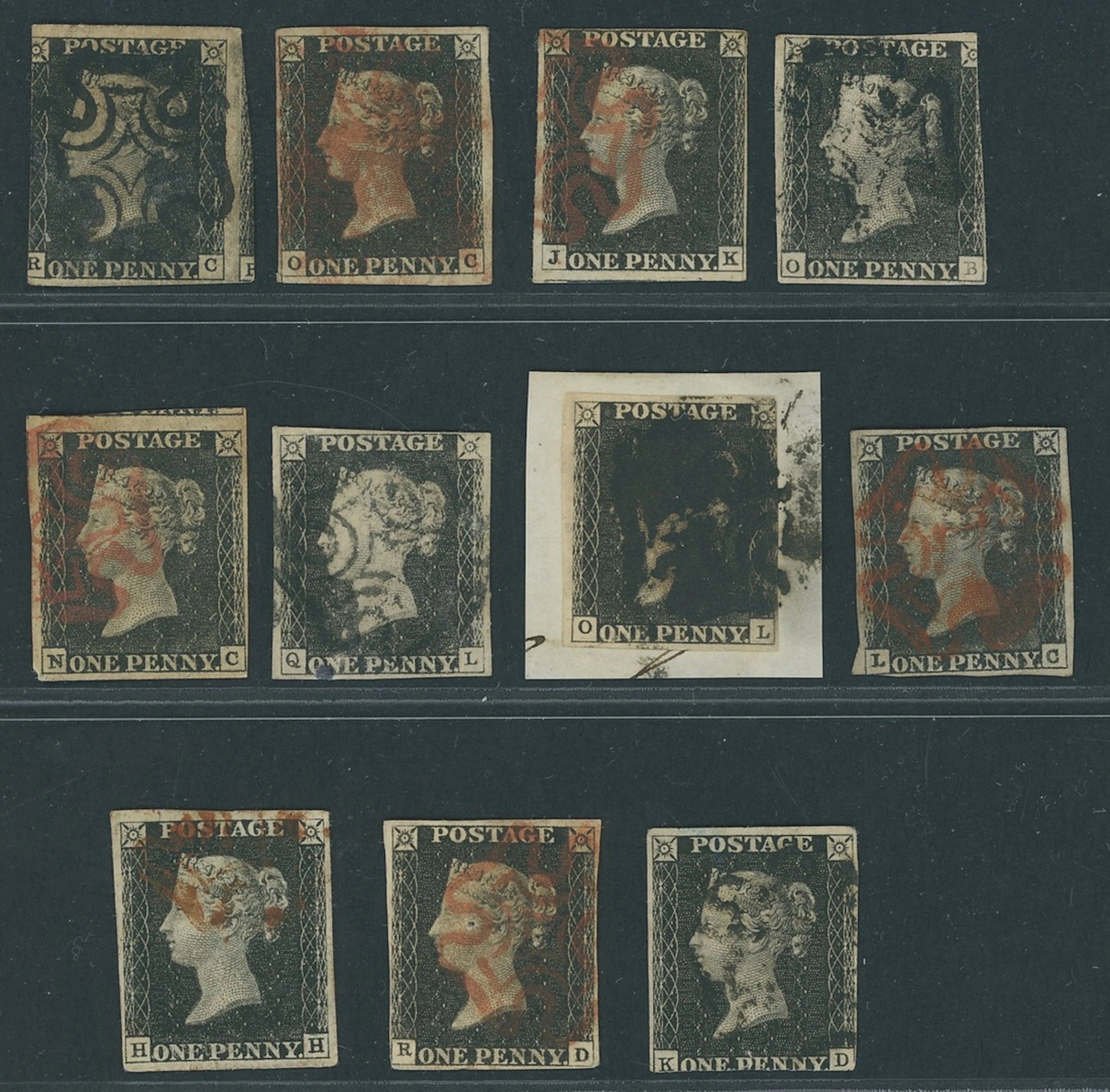 Great Britain 1840 One Penny Black Unplated Eleven examples, six cancelled