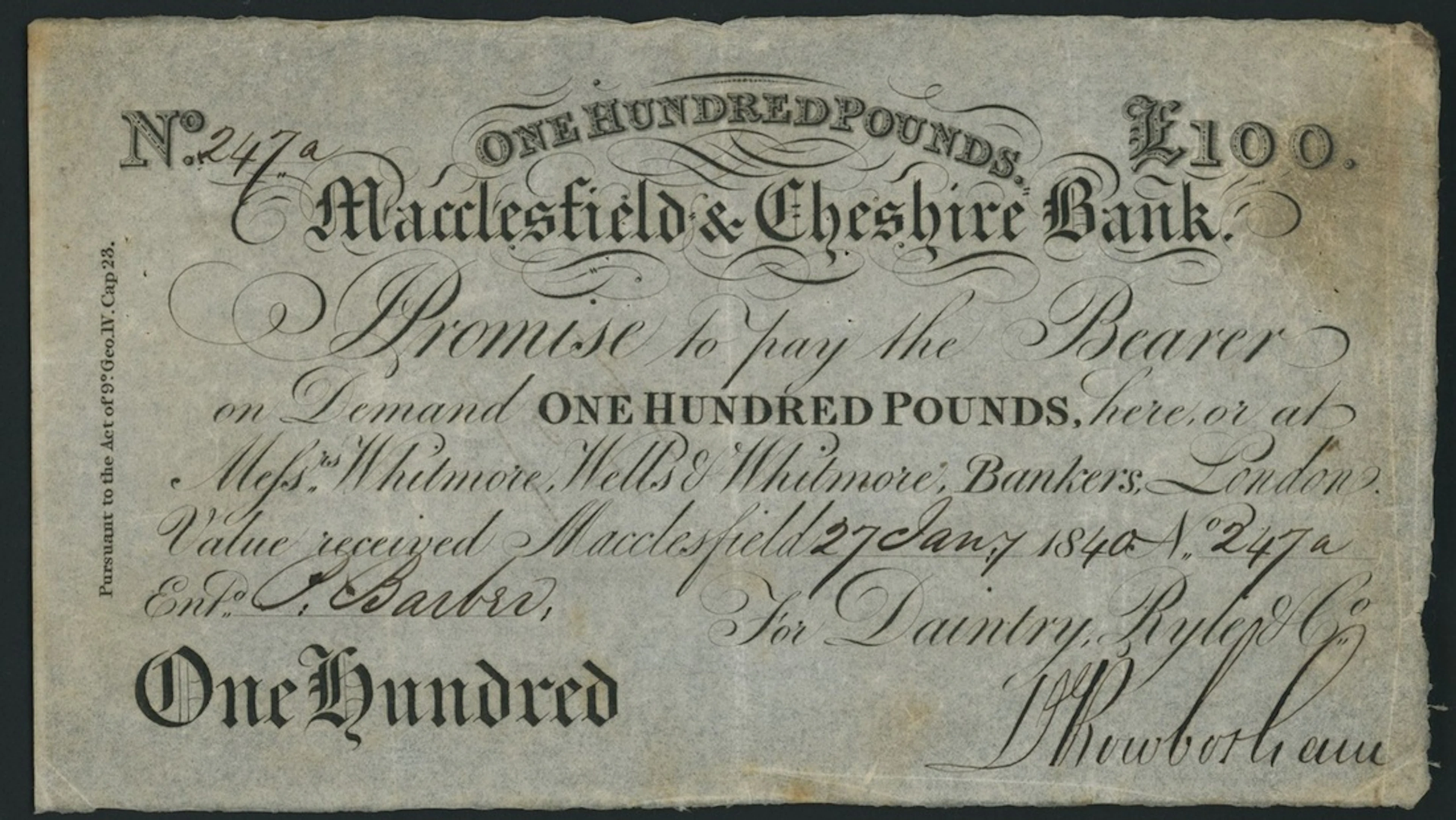 Macclesfield & Cheshire Bank, for Daintry, Ryle & Co., £100, 27th