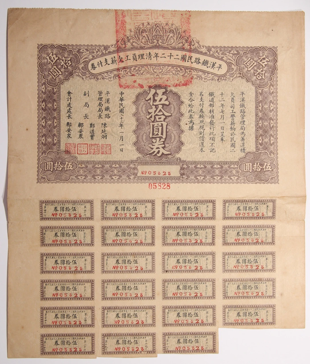 Ping Han (Beijing Hankou) Railway Unpaid Wages Reconciliation Coupon