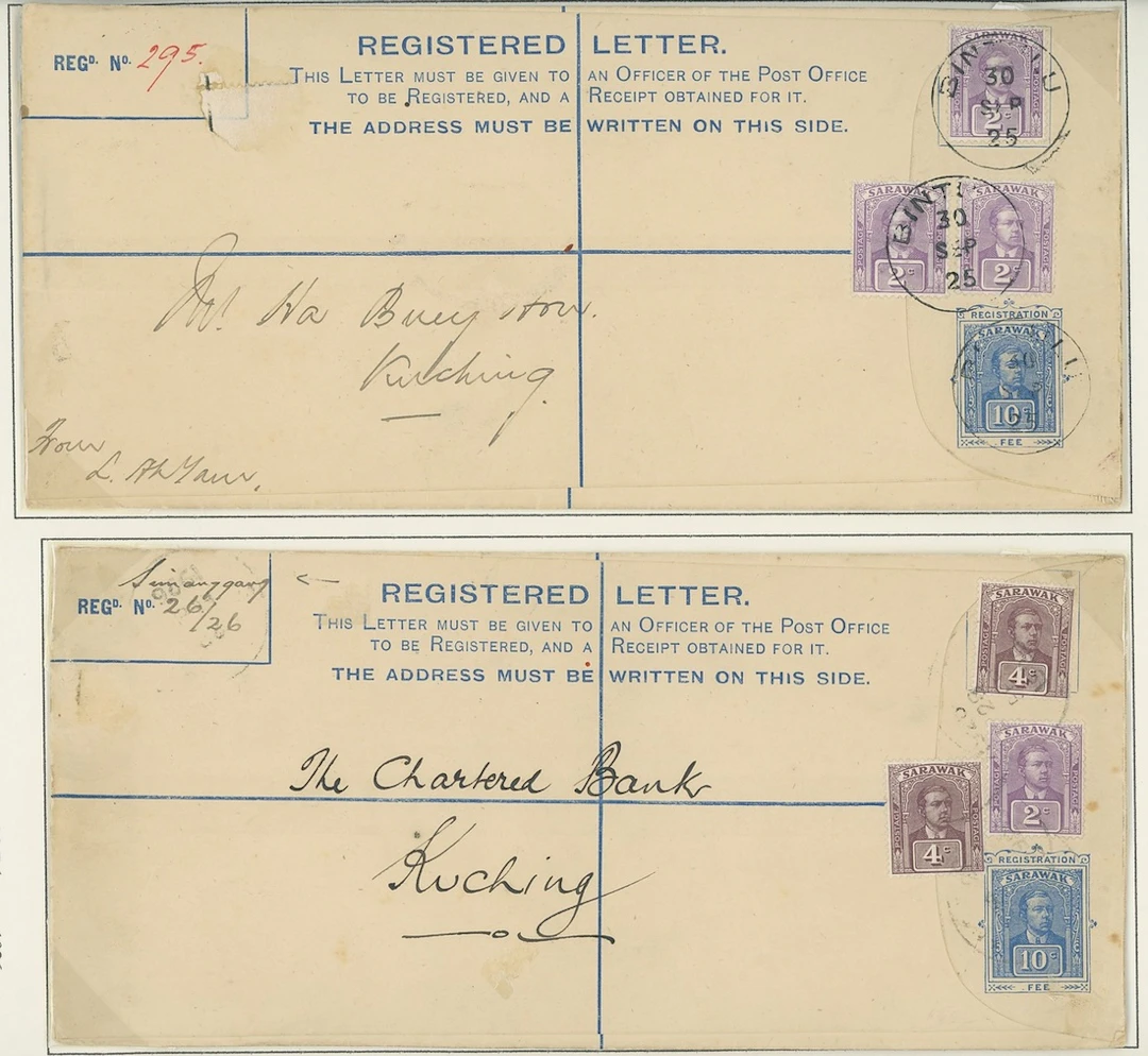 Sarawak Postal Stationery Registered Envelopes 1920 10c. 1925 (15