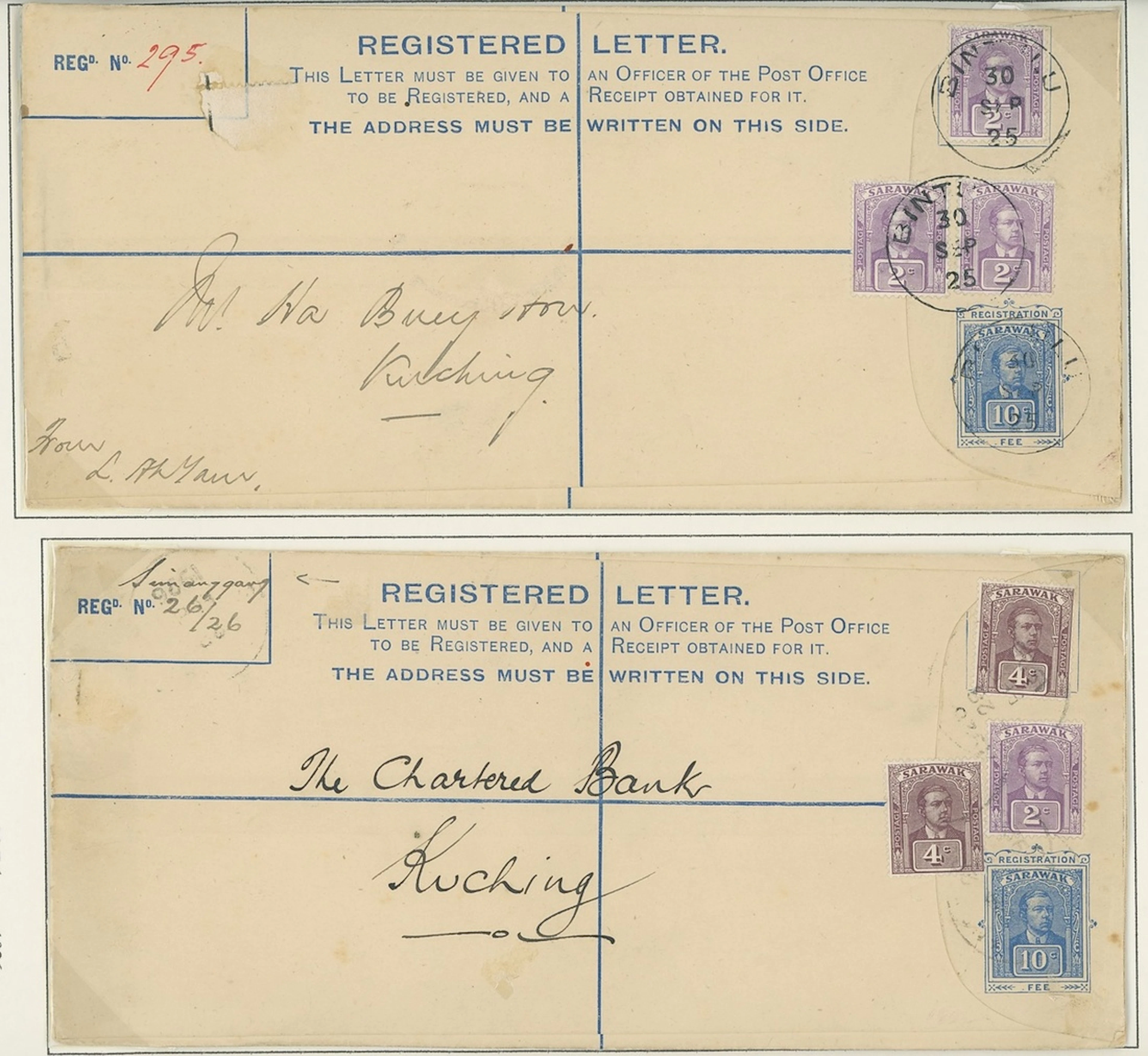 Sarawak Postal Stationery Registered Envelopes 1920 10c. 1925 (15