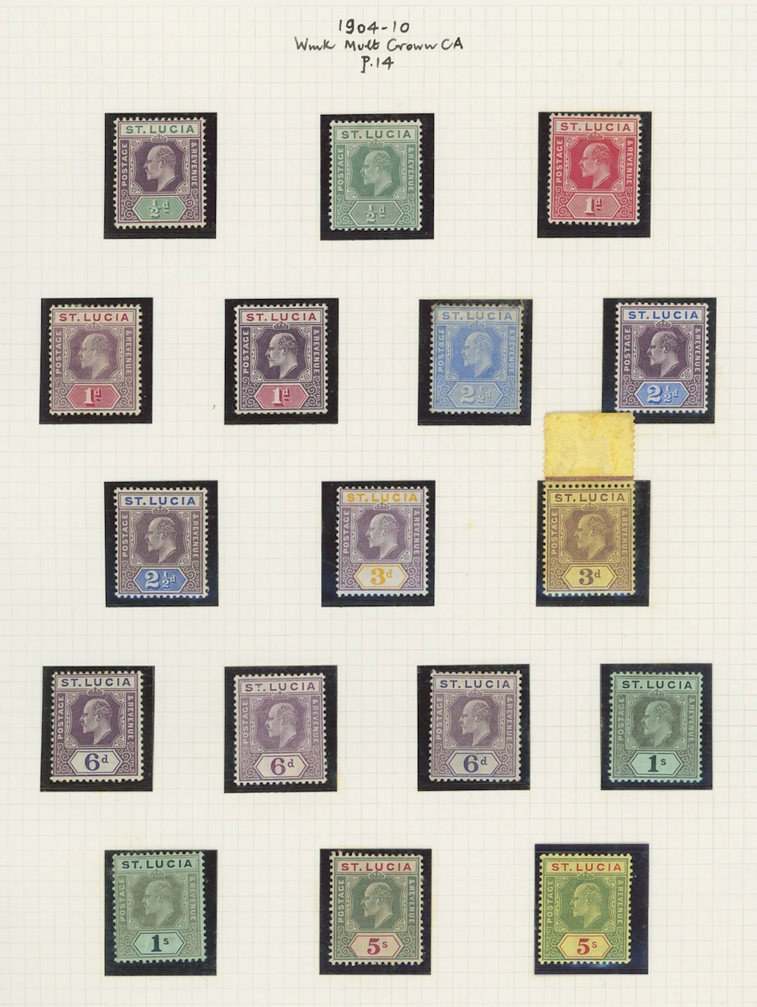 St. Lucia 1902-03 CA ½d. to 1/-. 1904-10 MCA ½d. to 5/- set of fourteen