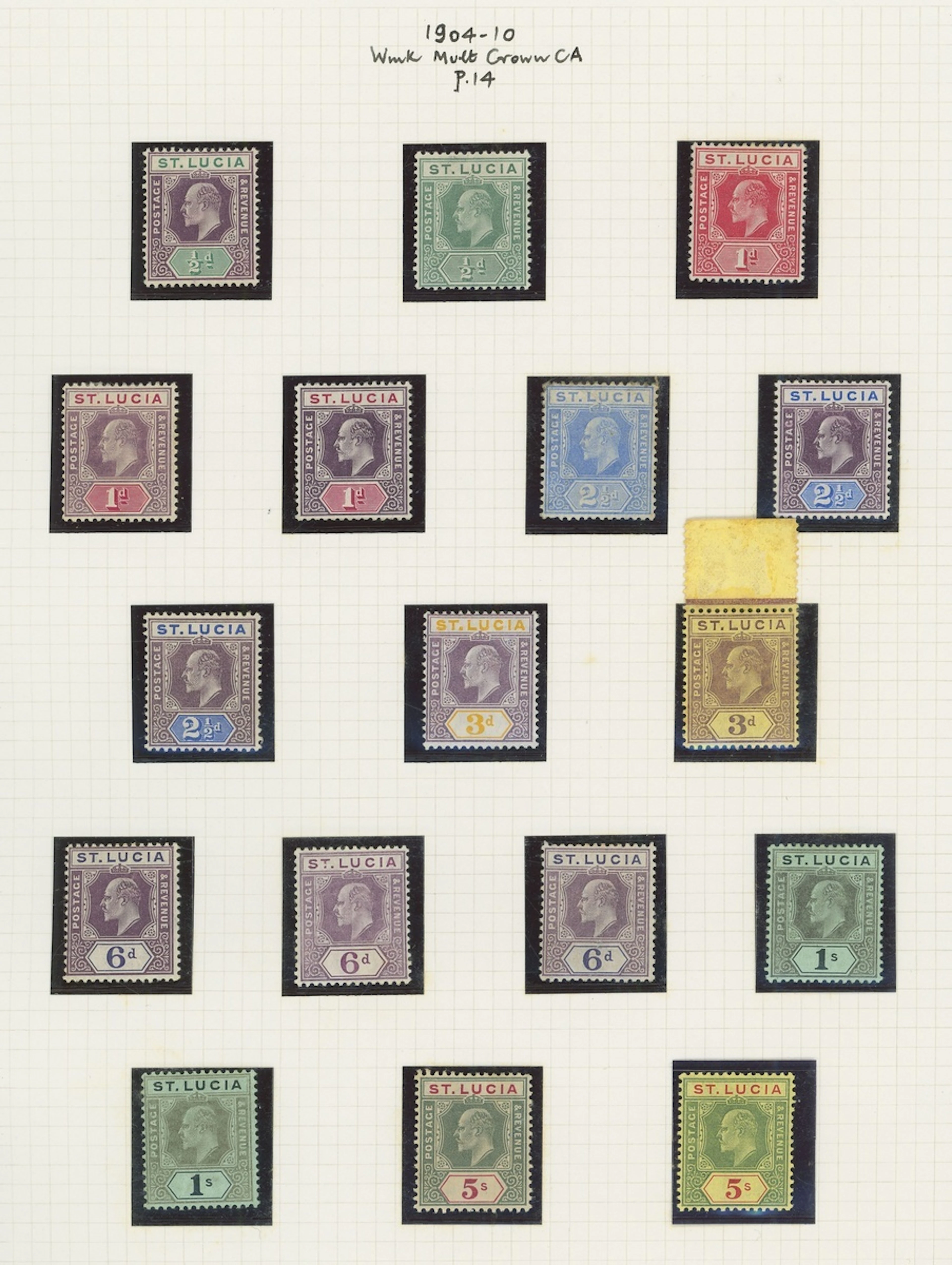 St. Lucia 1902-03 CA ½d. to 1/-. 1904-10 MCA ½d. to 5/- set of fourteen