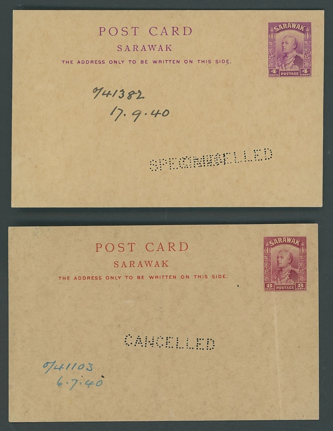 Sarawak Postal Stationery Postcards 1934 Issue 4c. perforated "specimen"