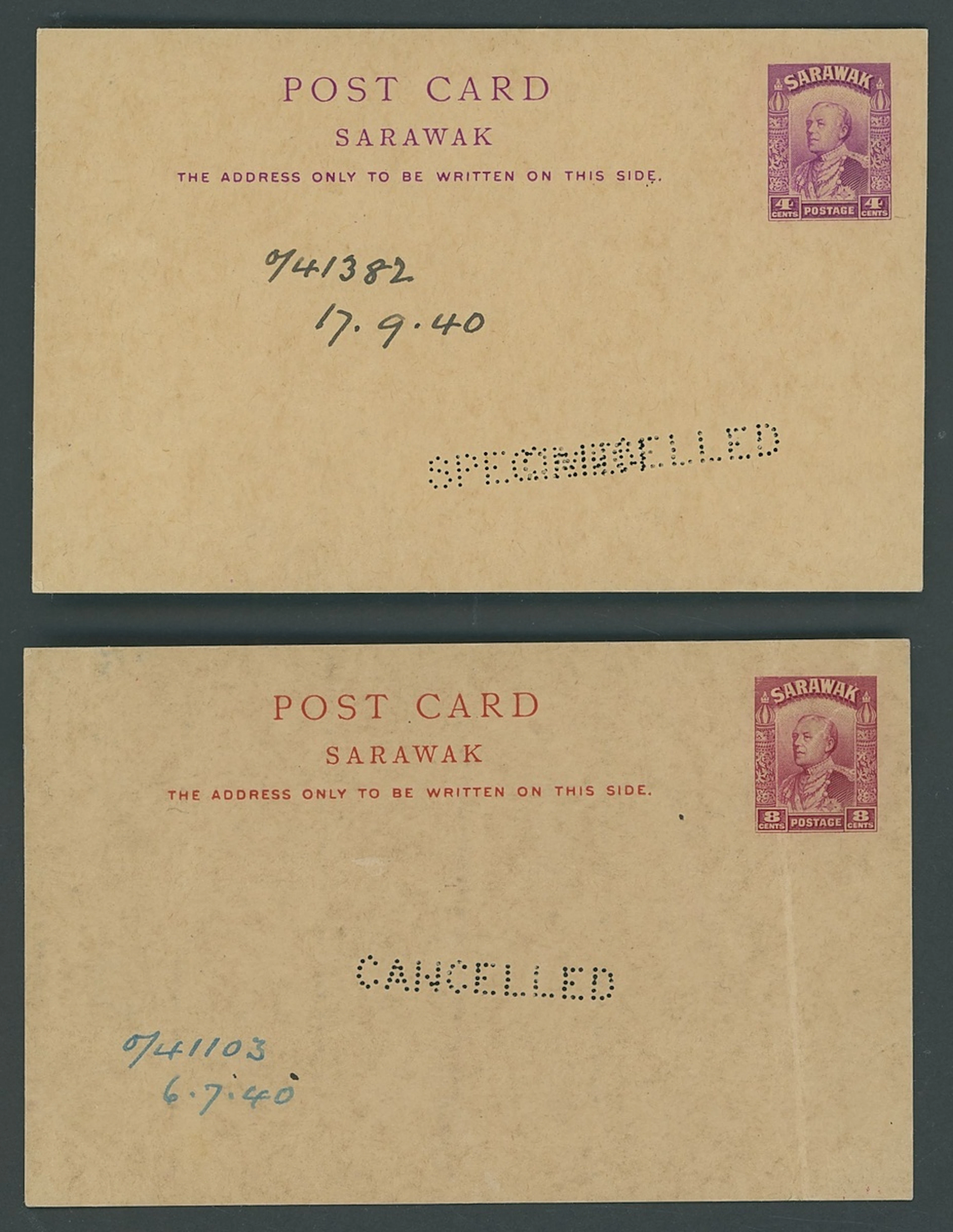 Sarawak Postal Stationery Postcards 1934 Issue 4c. perforated "specimen"