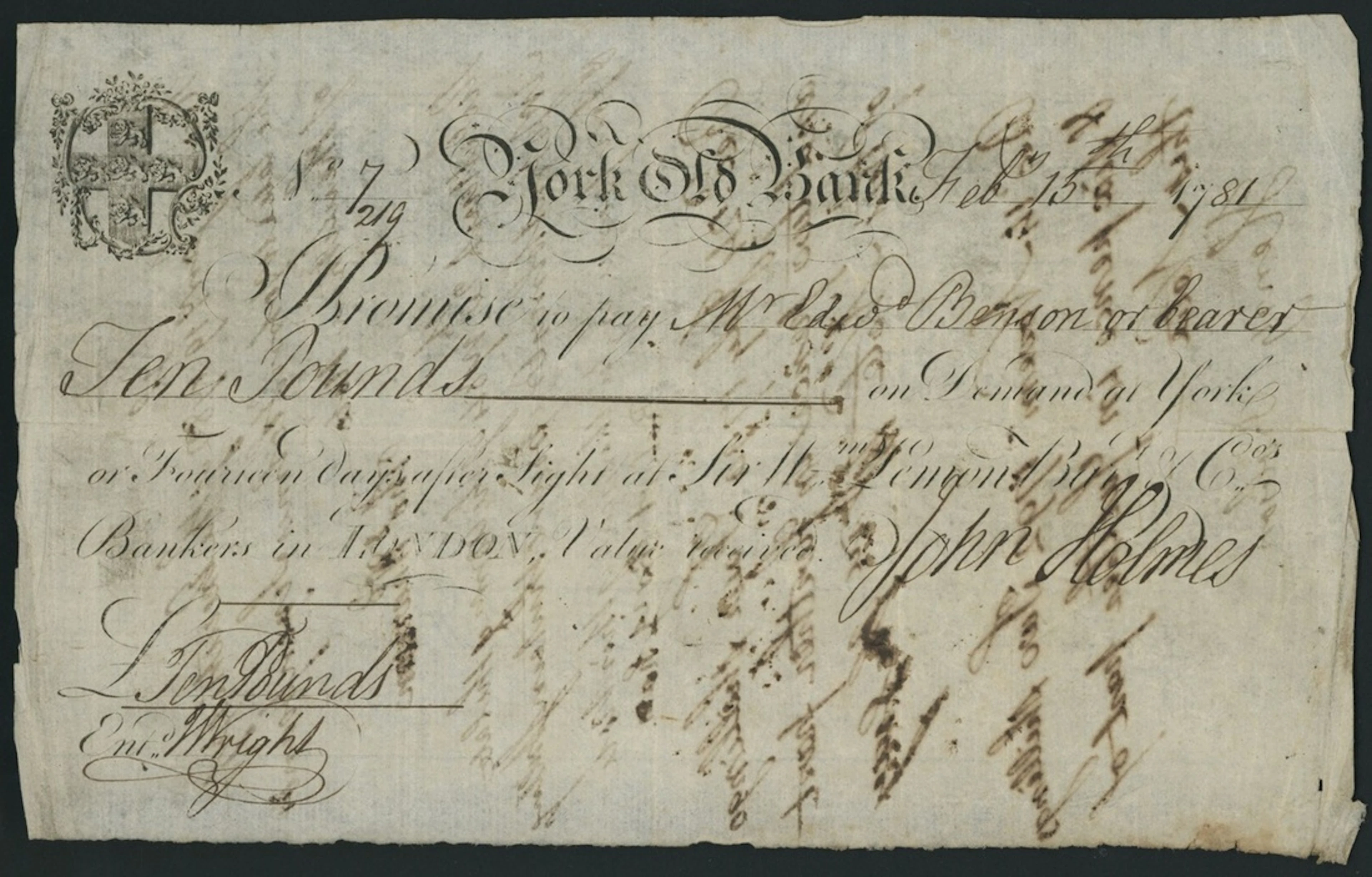 York Old Bank, for John Holmes, £10, 15th February 1781, serial number
