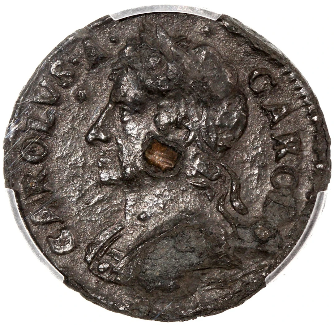 Great Britain, Charles II, [PCGS XF Detail] tin farthing, 1685, "with