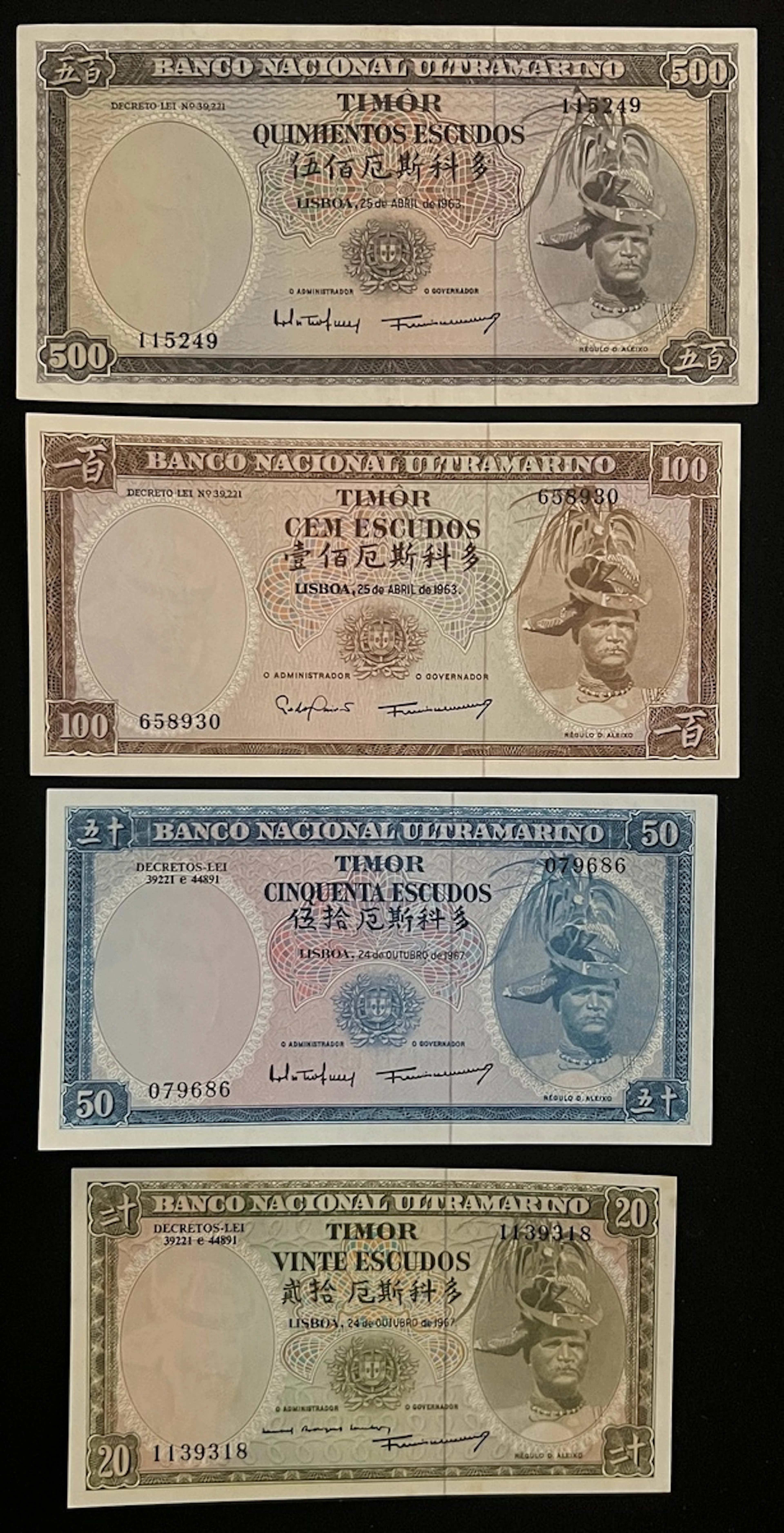Banco Nacional Ultramarino, Timor, a set of 4x 1963-68 issue, including