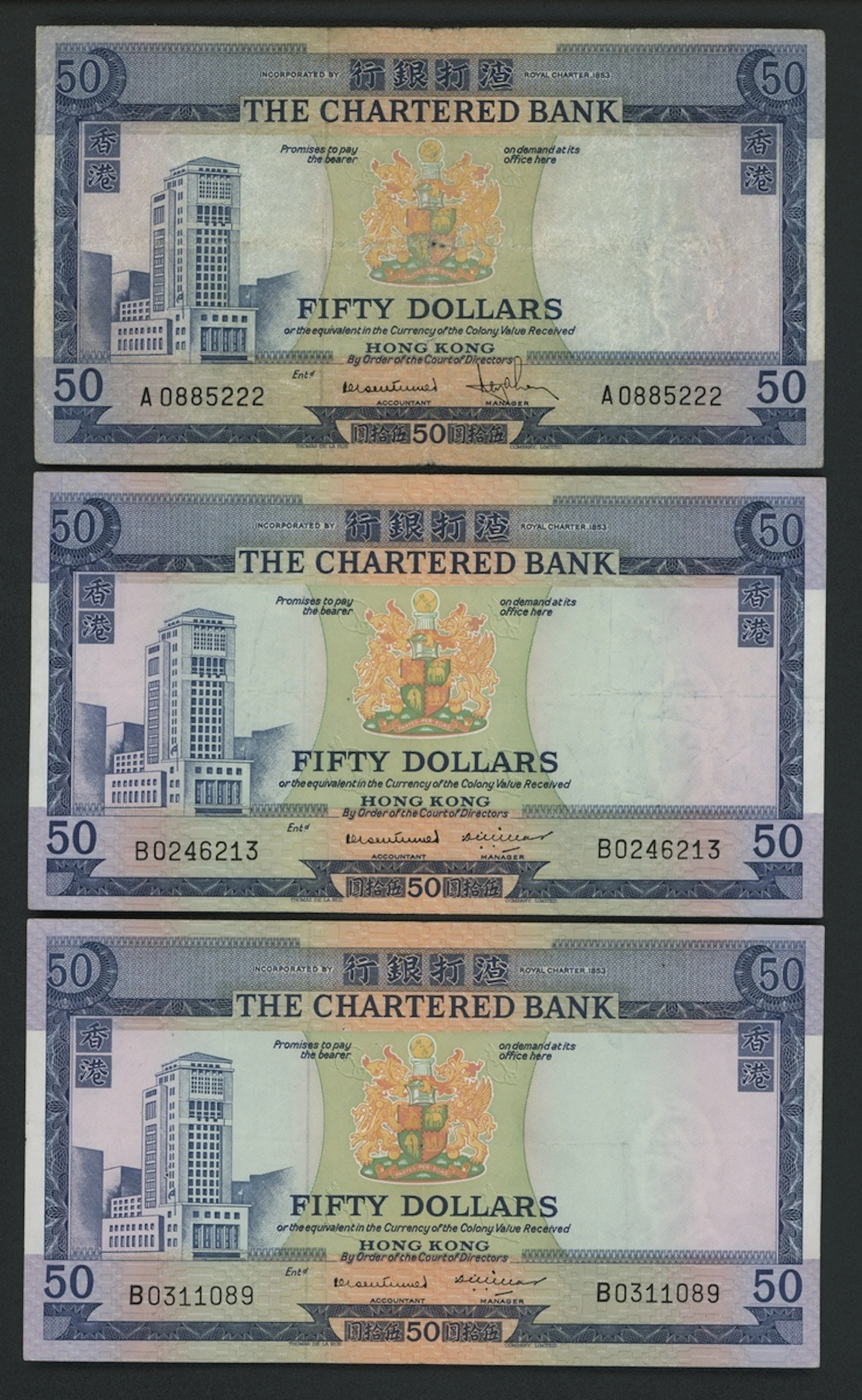 Chartered Bank, Hong Kong, $50 (3), ND (1970), prefixes A, B (2), (Pick 75)