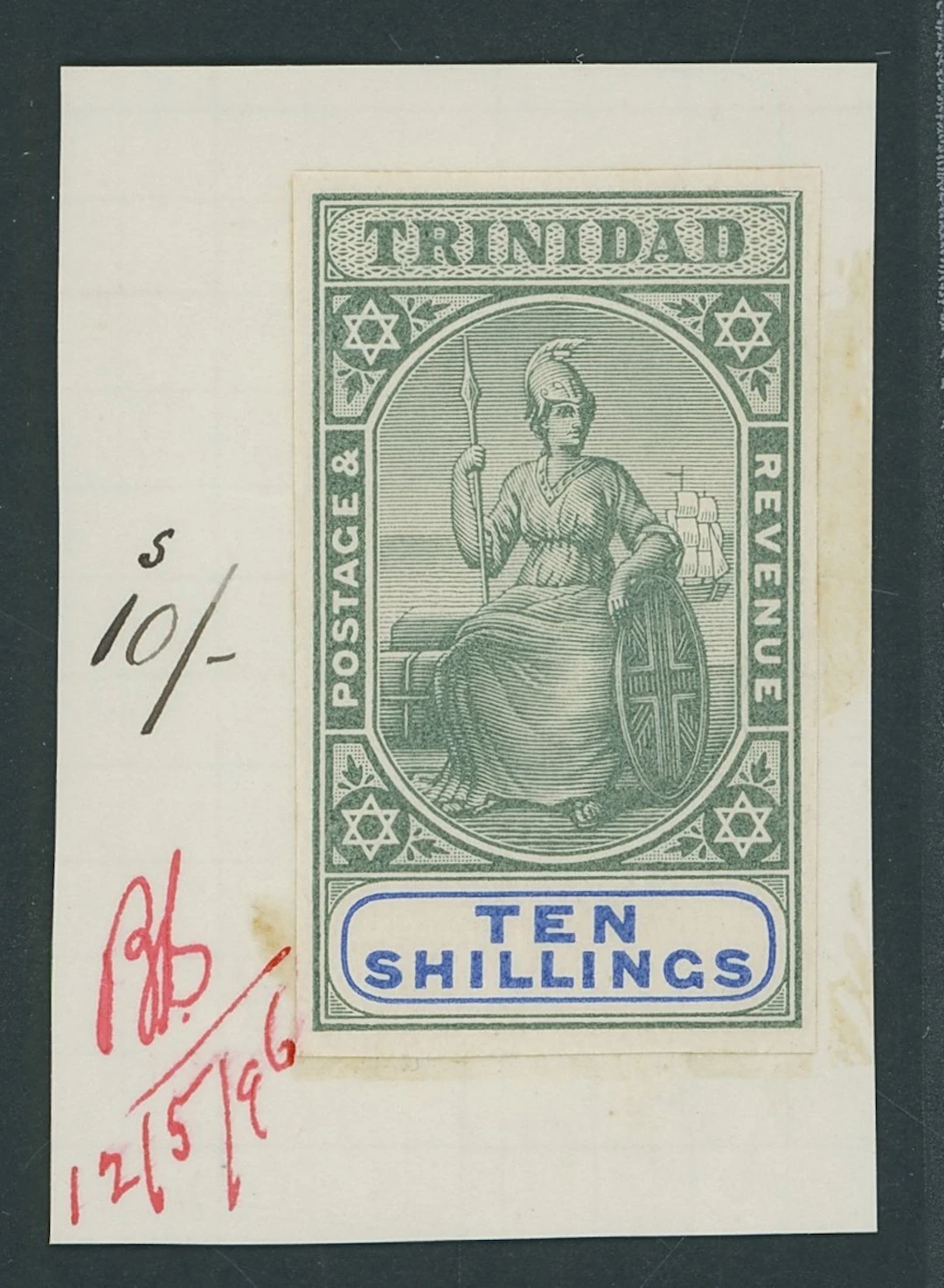 Trinidad 1896-1900 10/- imperforate colour trial in issued colours
