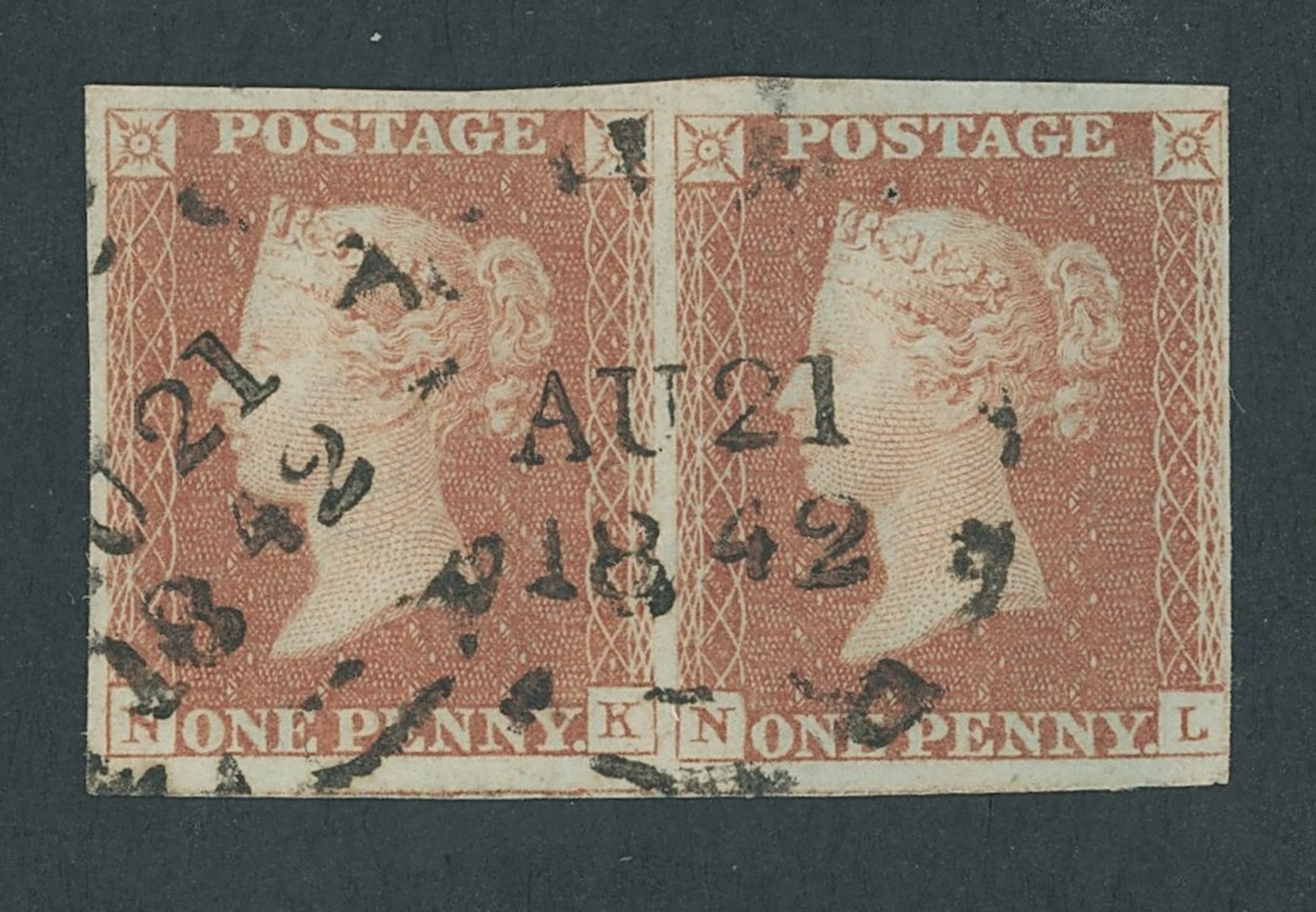 Great Britain 1841-53 One Penny Red-Brown Unplated NK-NL, horizontal
