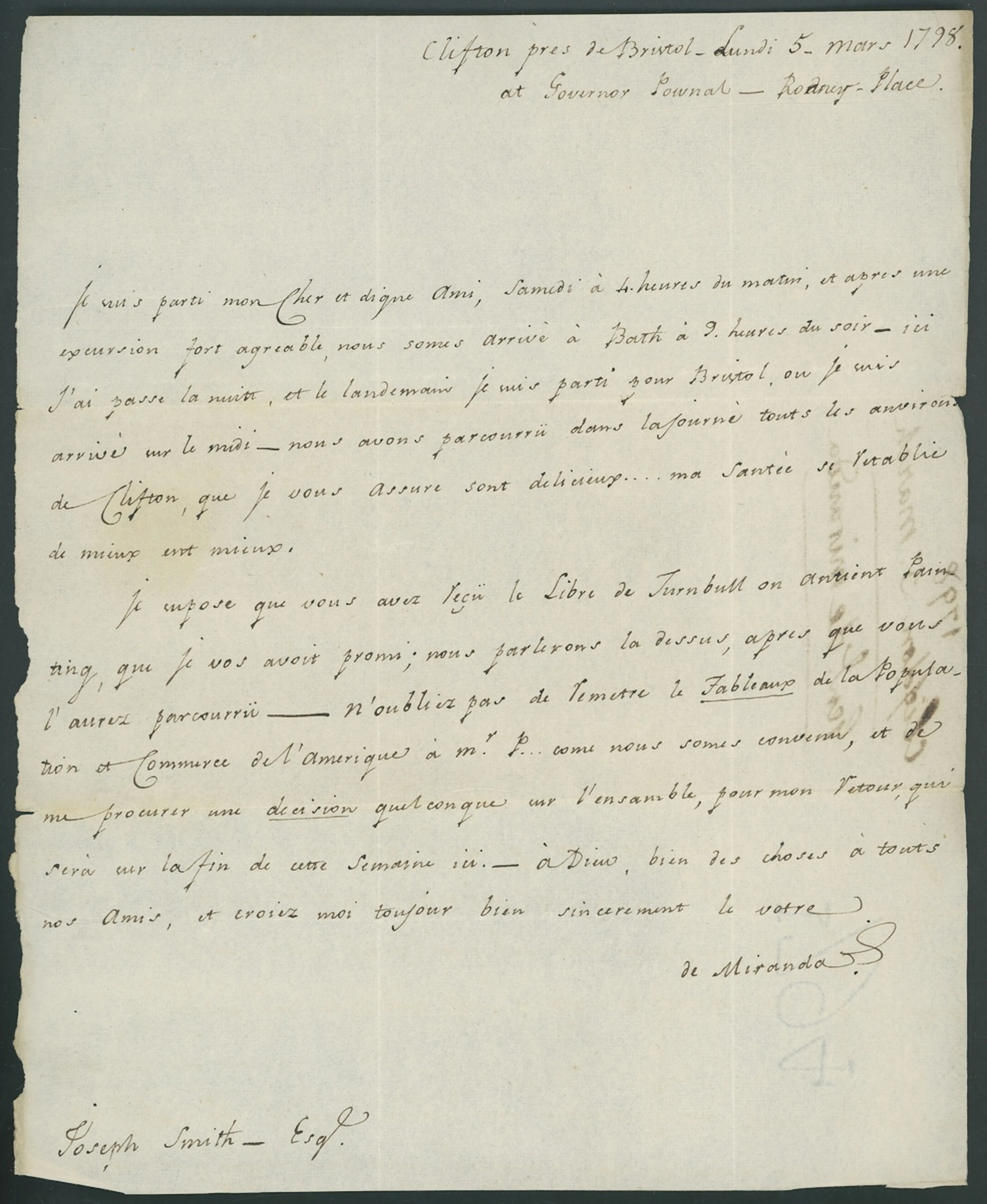 Venezuela Francisco de Miranda (1750-1816) 1798 Autograph letter in