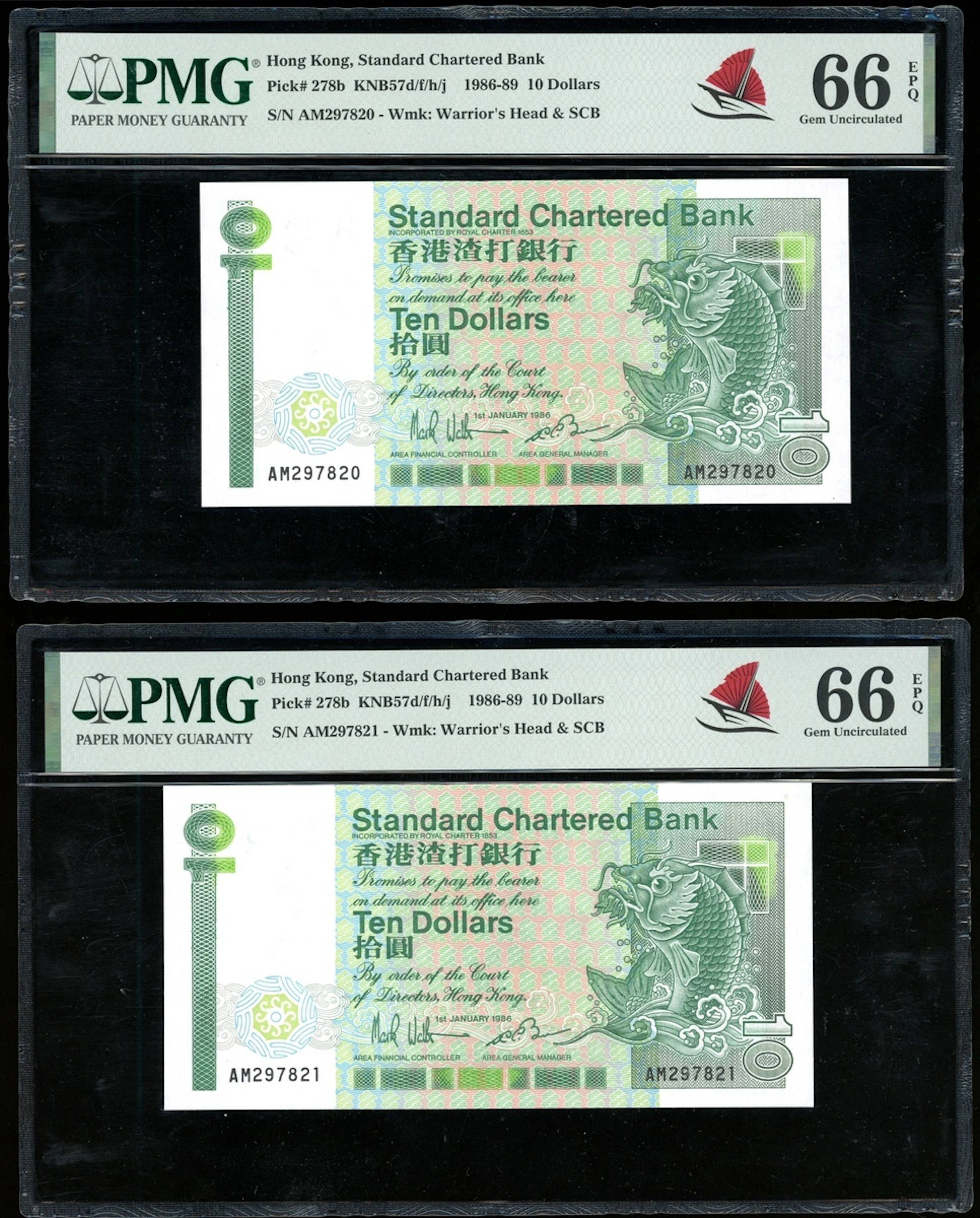 Standard Chartered Bank, Hong Kong, consecutive pair $10, 1.1.1986