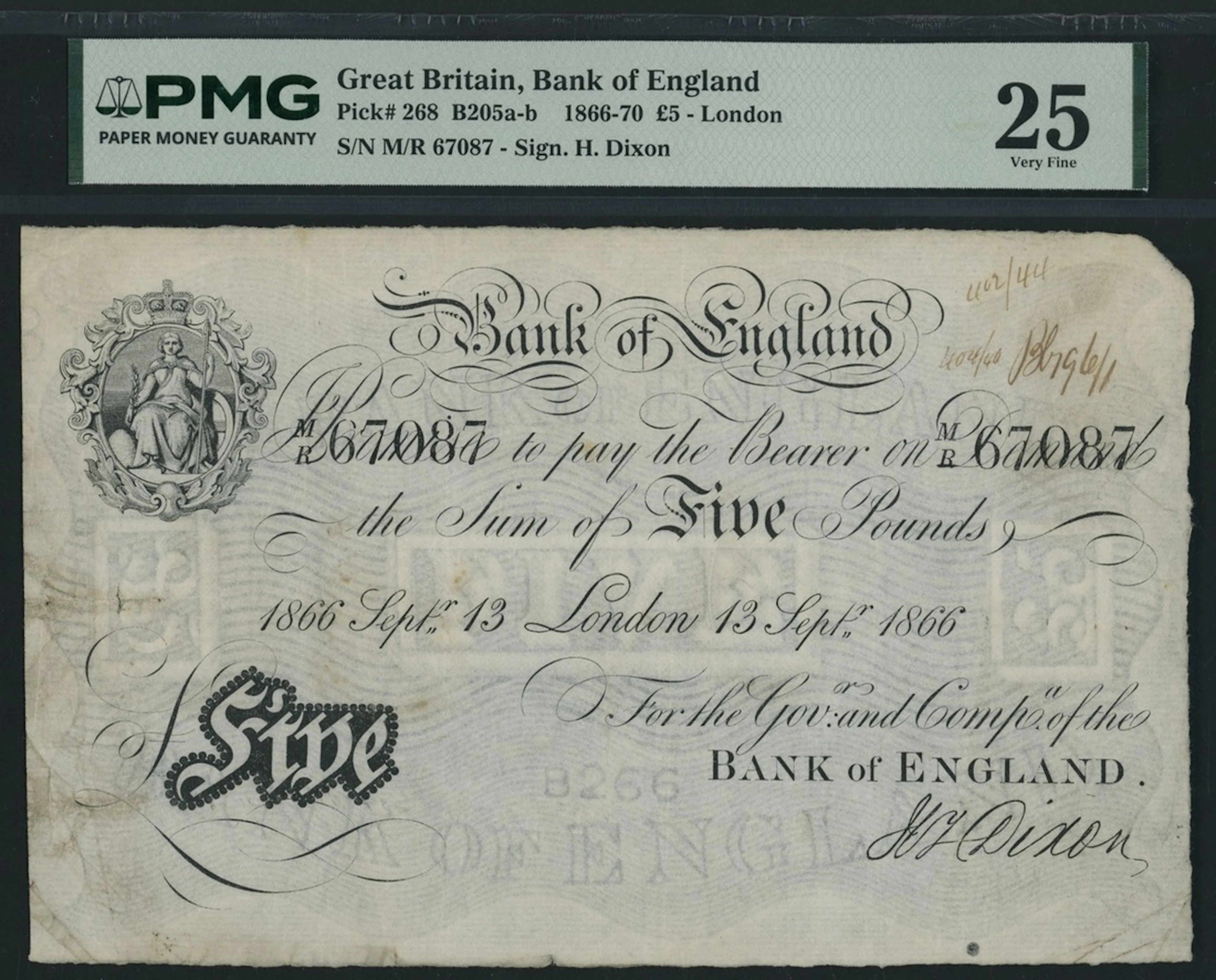 Bank of England, W. Miller, £5, London, 13th September 1866, serial