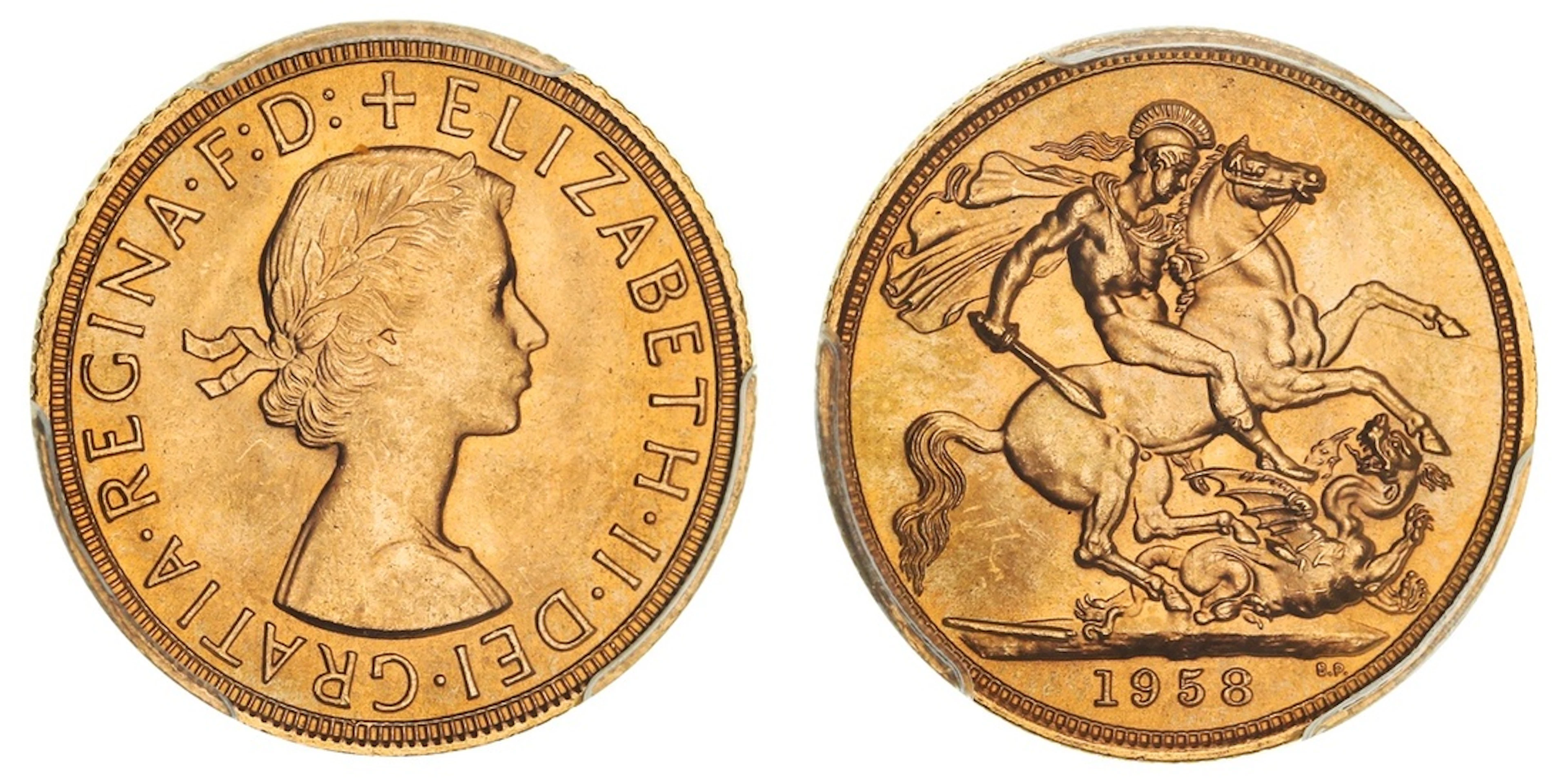 PCGS MS66+ | Elizabeth II (1952-2022), Sovereign, 1958, by Mary Gillick
