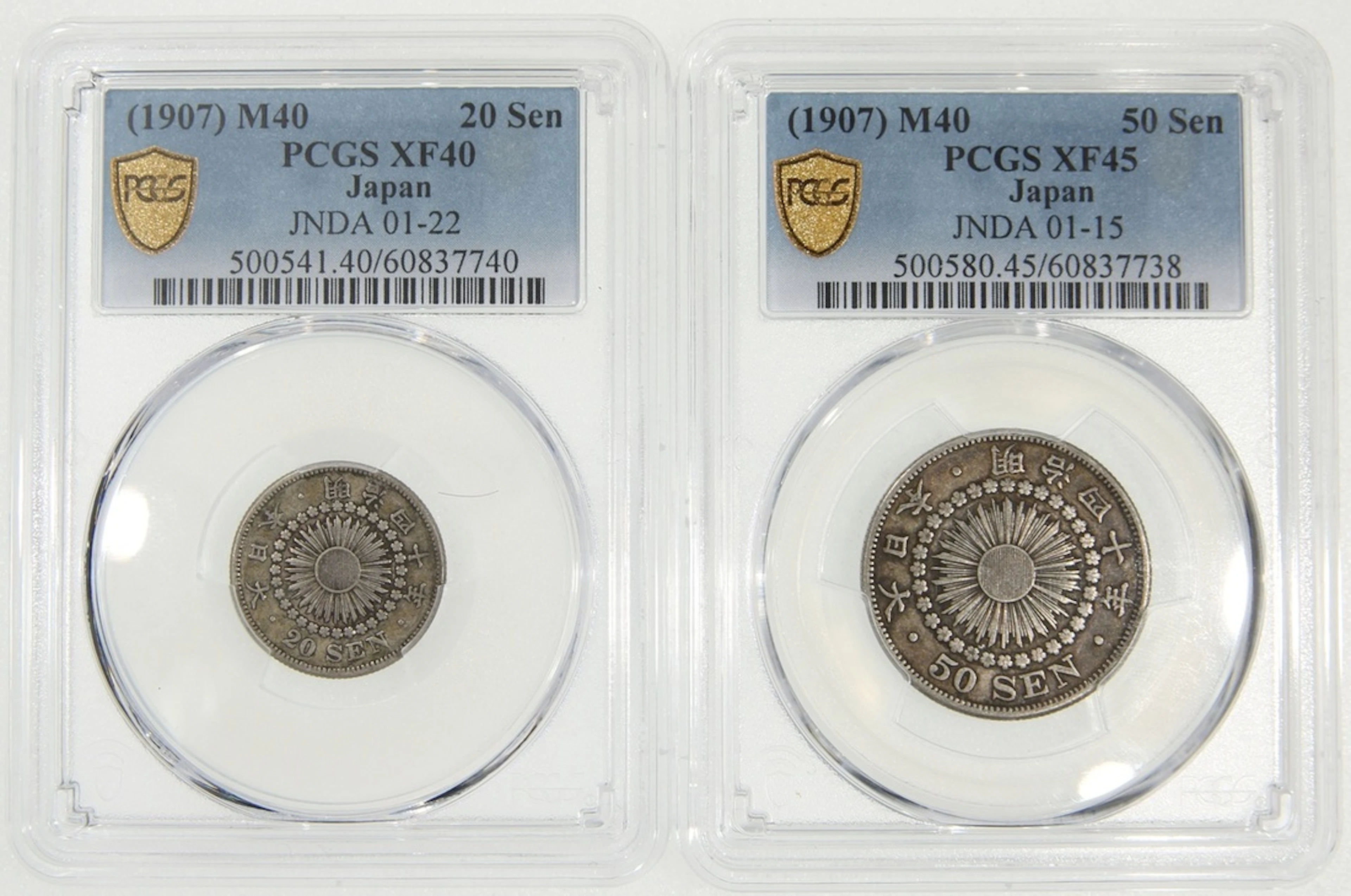 Japan, [PCGS XF40, XF45] silver 20 sen and 50 sen, 40th year of Meiji (1907)
