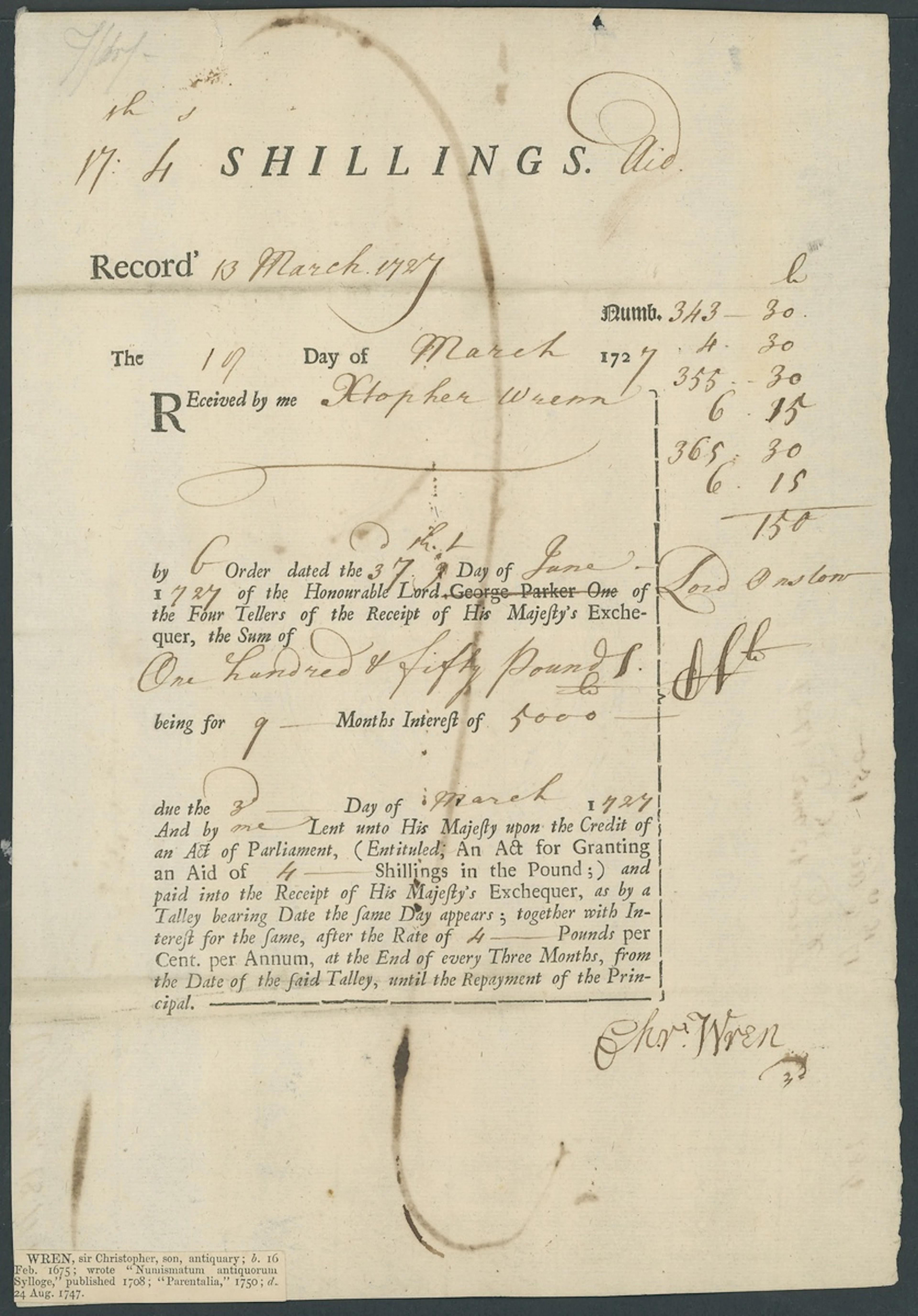 Great Britain Sir Christopher Wren (1675-1747) 1727 Part printed receipt