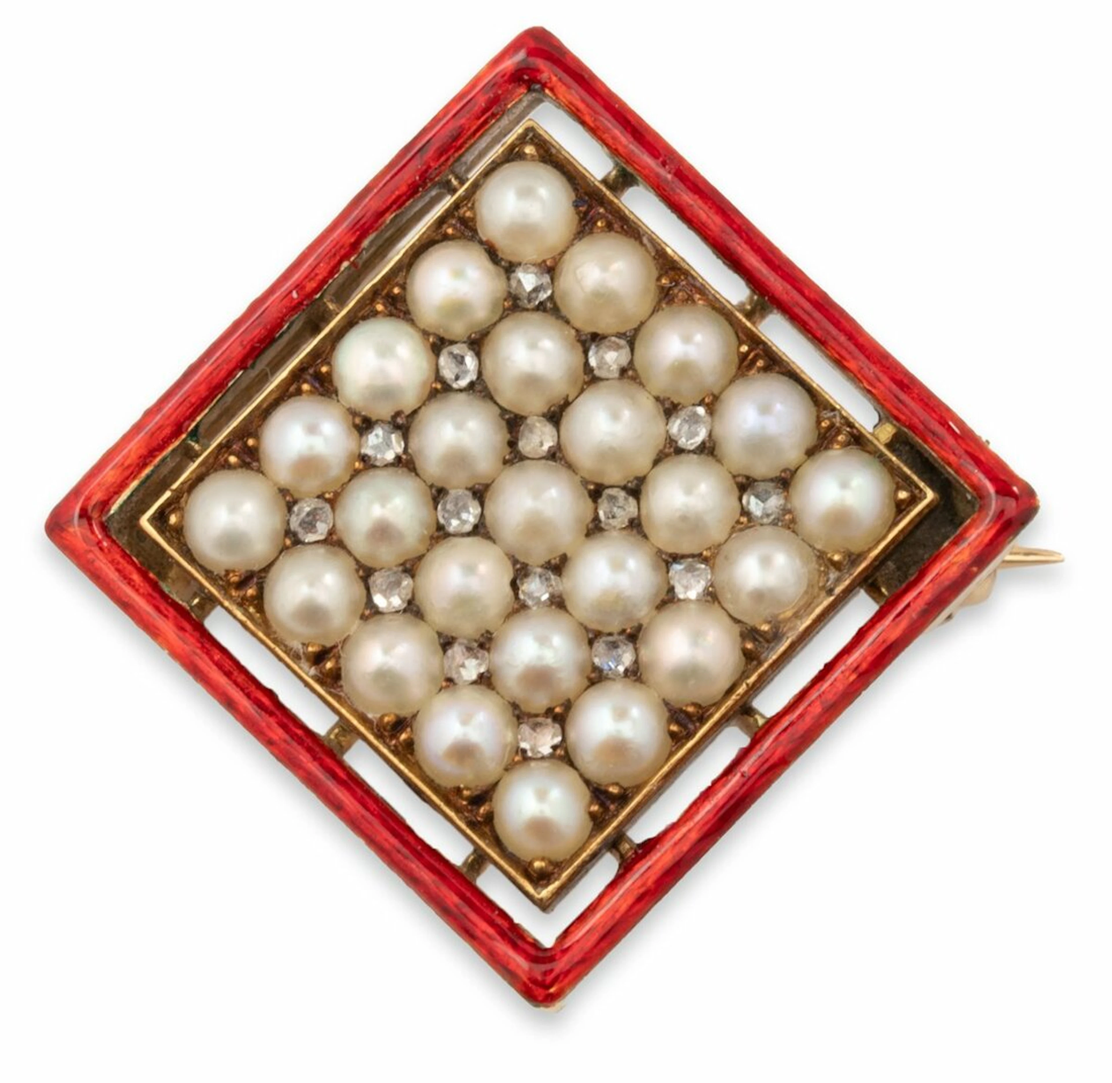 FABERGÉ, A PEARL, DIAMOND AND ENAMEL BROOCH