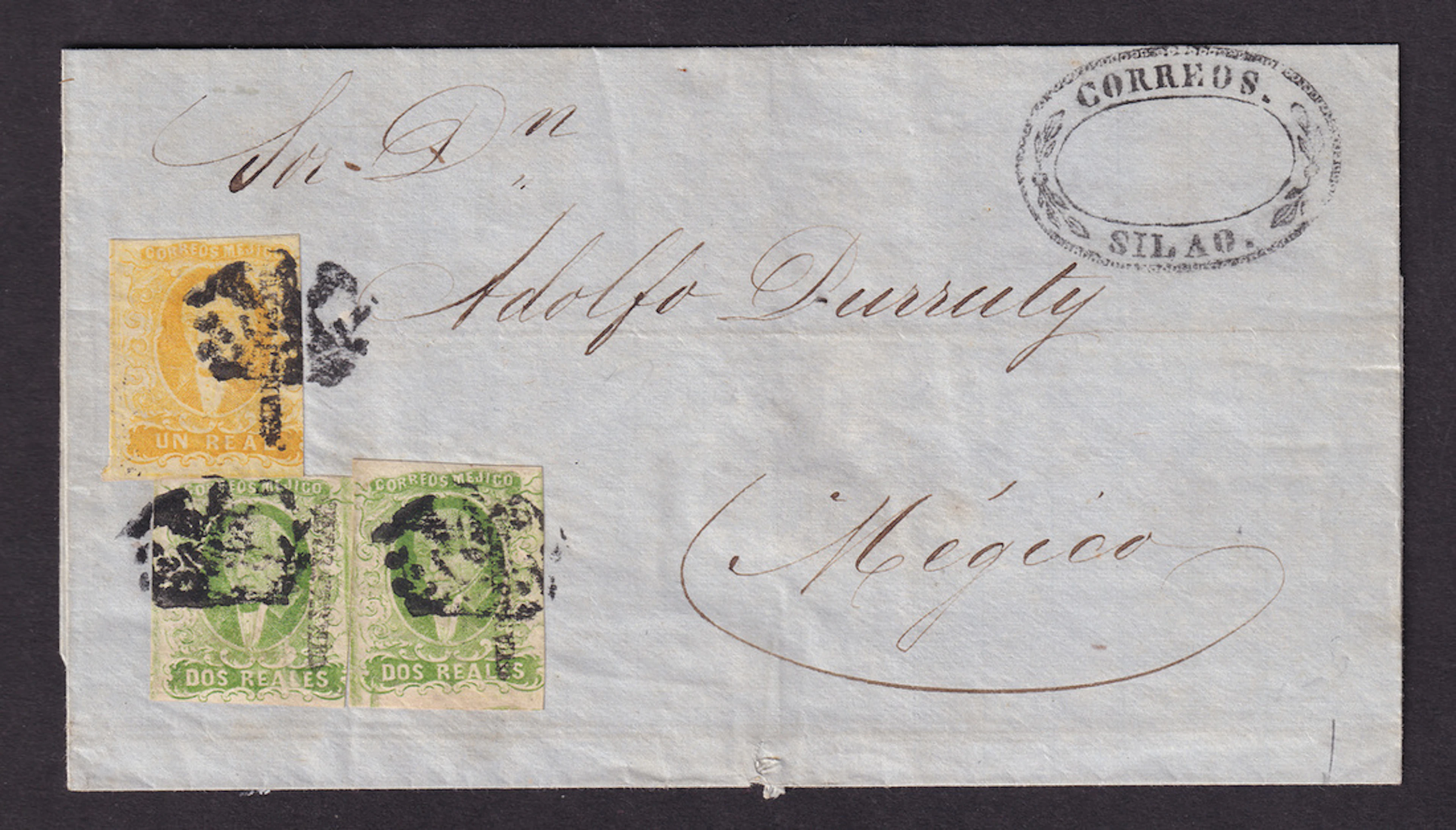 1856 "Hidalgos" Guanajuato. 1r. Yellow and 2r. Green (2), on cover