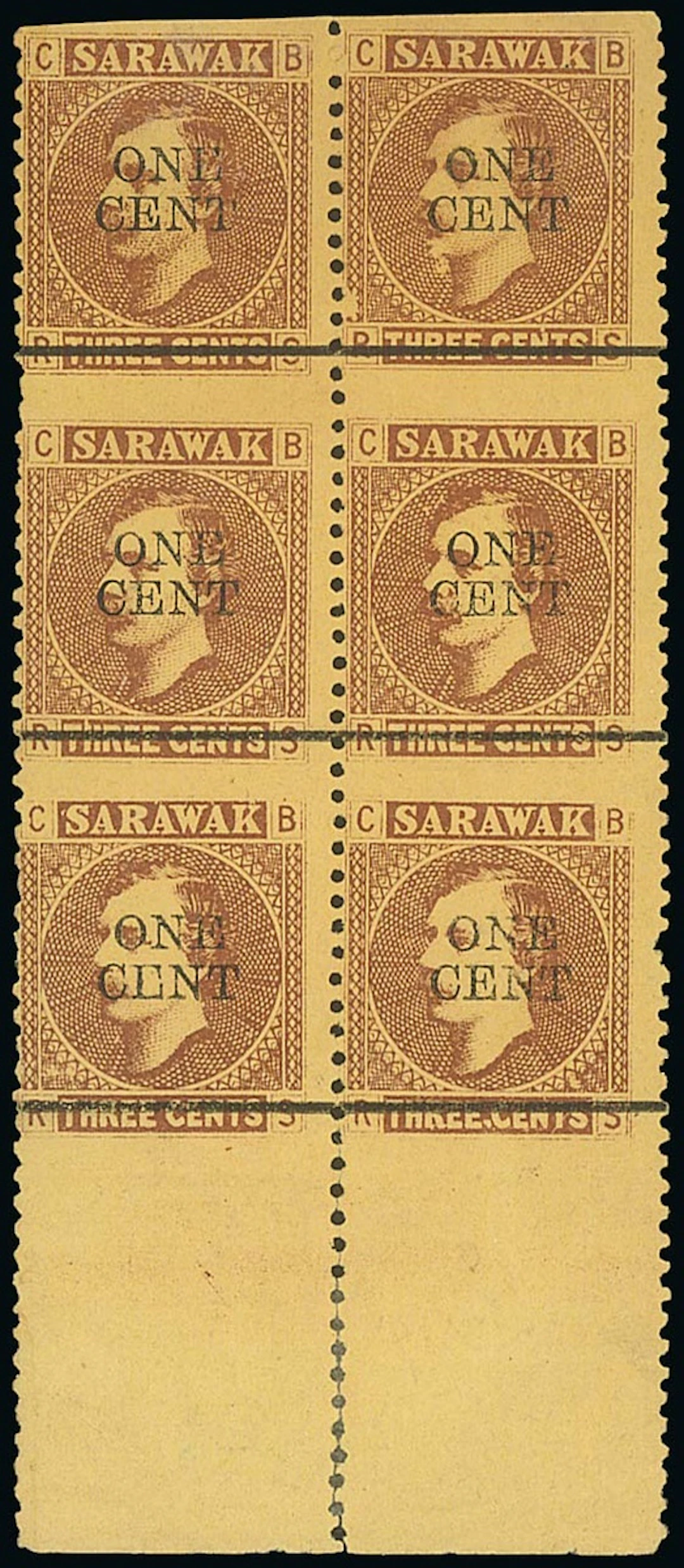 Sarawak 1892 (23 May) 1c. on 3c. Provisional "one/cent" on 3c. brown