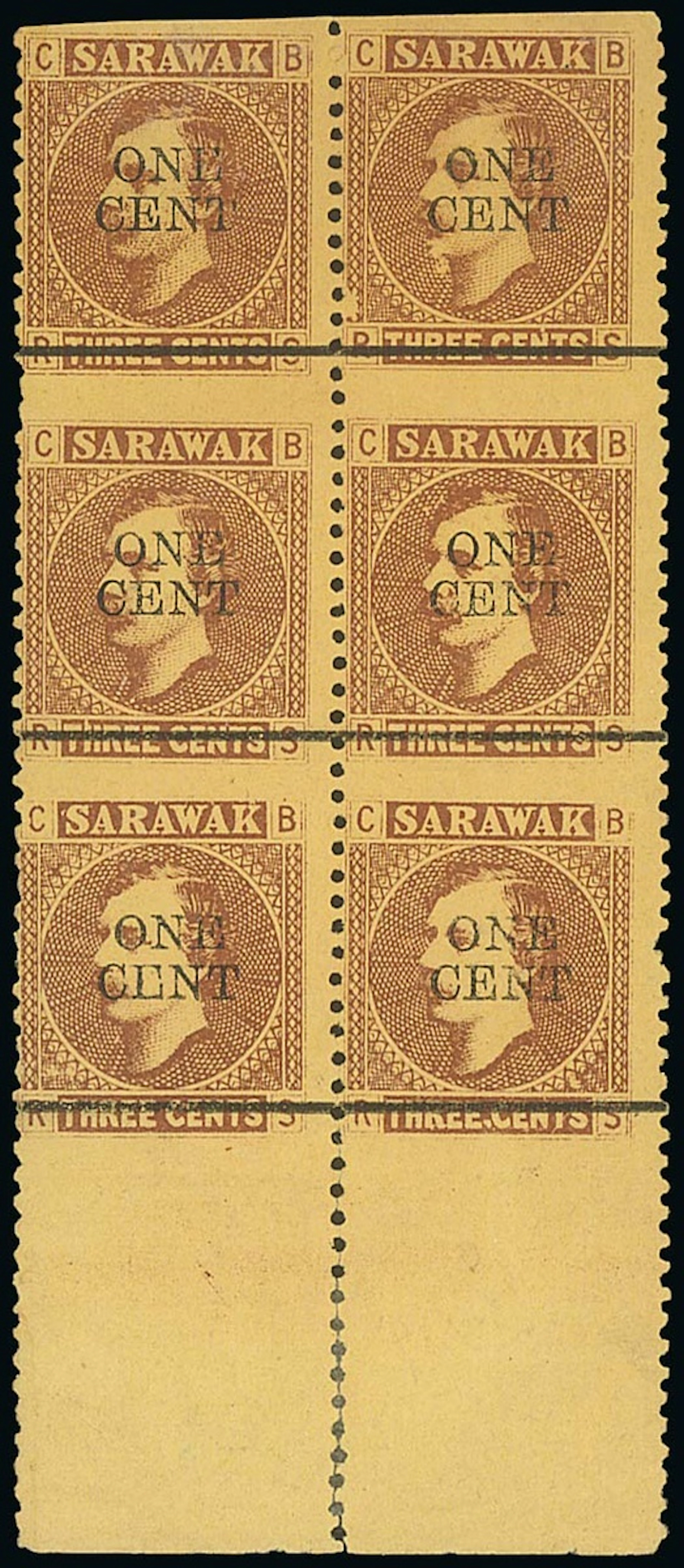 Sarawak 1892 (23 May) 1c. on 3c. Provisional "one/cent" on 3c. brown