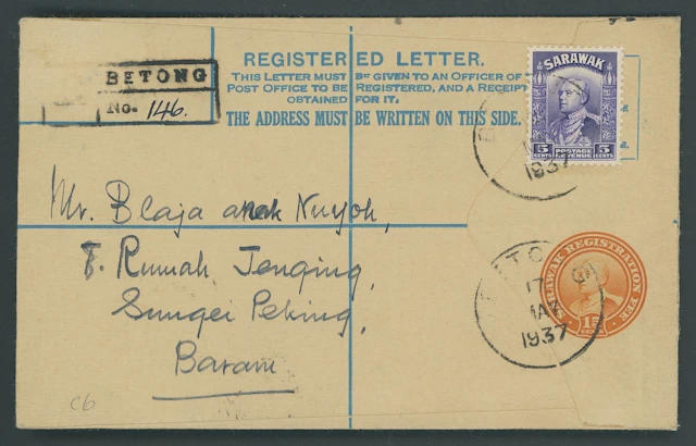 Sarawak Postal Stationery Registered Envelopes 1934 15c. 1937 (17