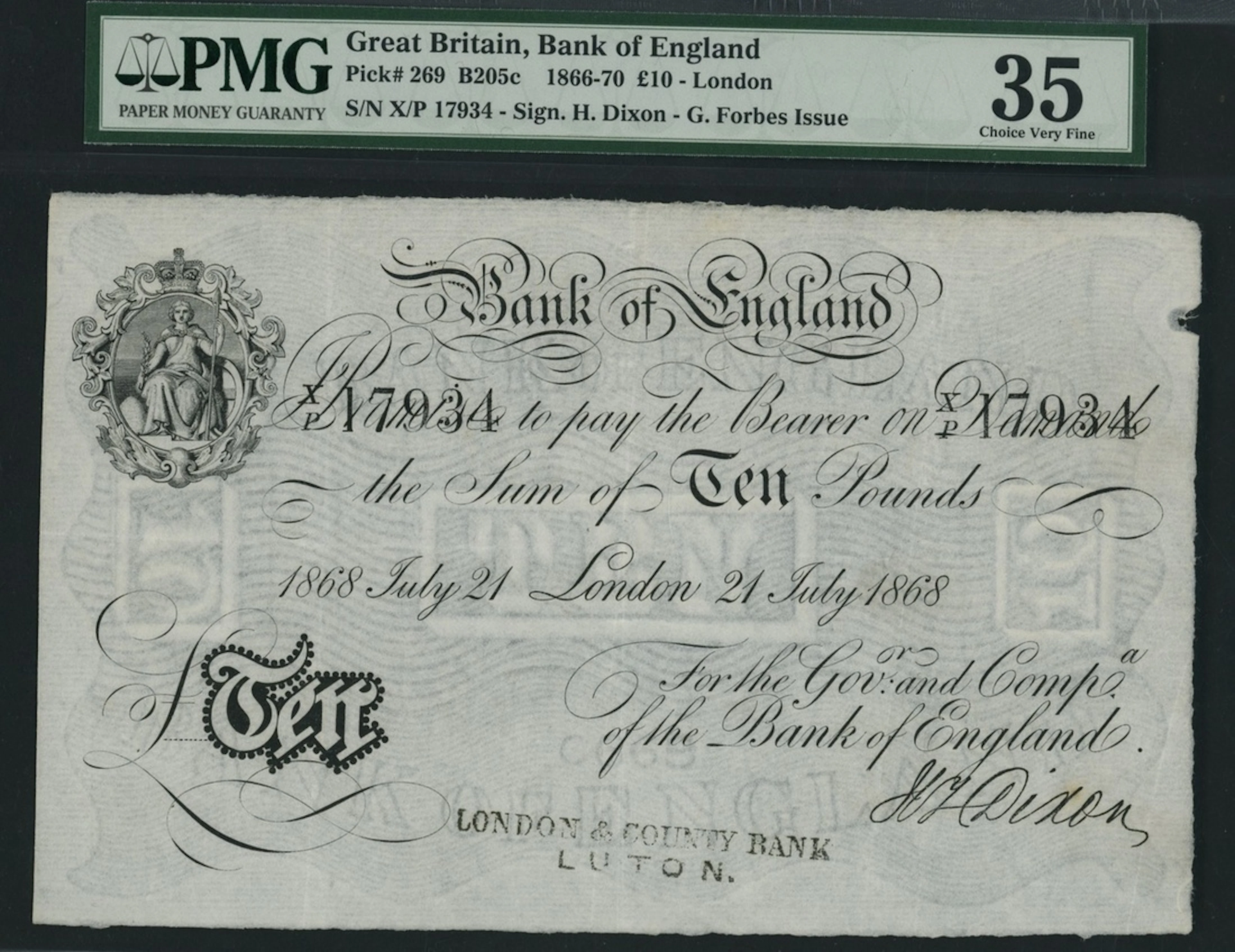 Bank of England, G. Forbes, £10, London, 21st July 1868, serial number