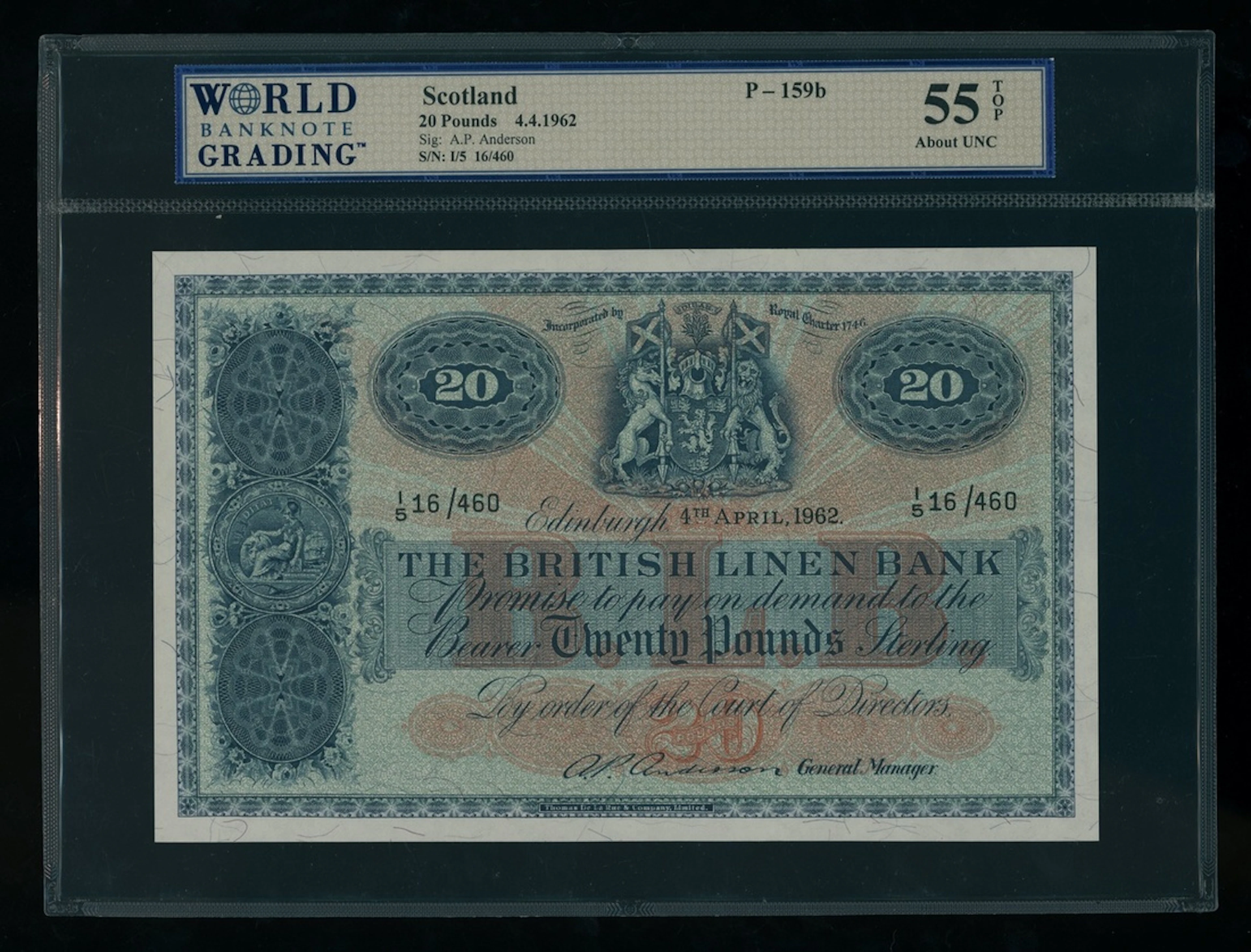 British Linen Bank, Scotland, £20, 4.4.1962, serial number I/5 16/460