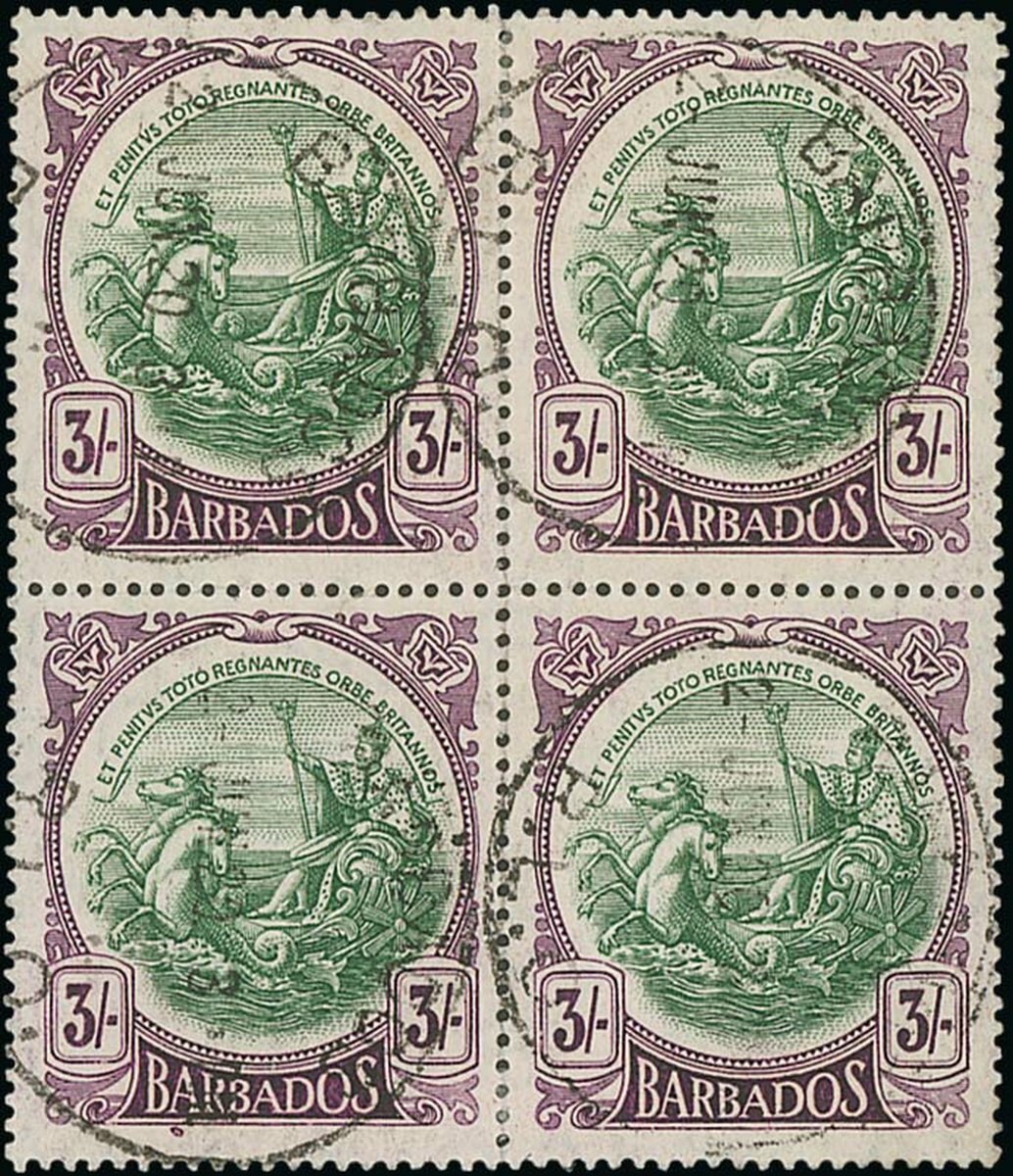 Barbados 1920 MCA 3/- green and bright violet block of four, each
