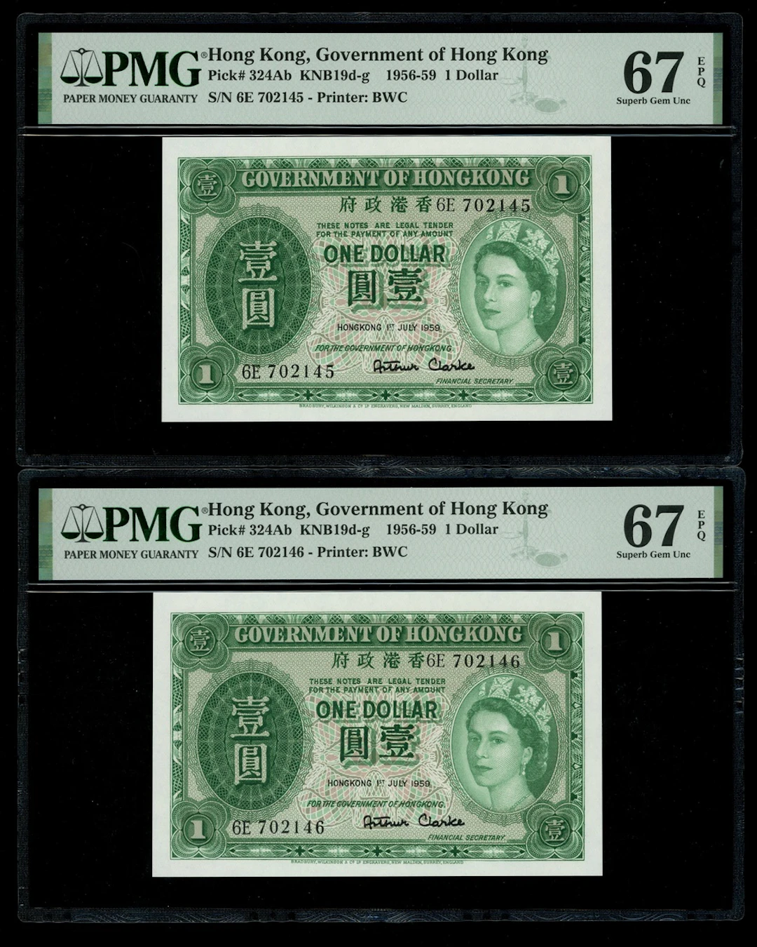 Government of Hongkong, consecutive pair of $1, 1.7.1959, serial numbers