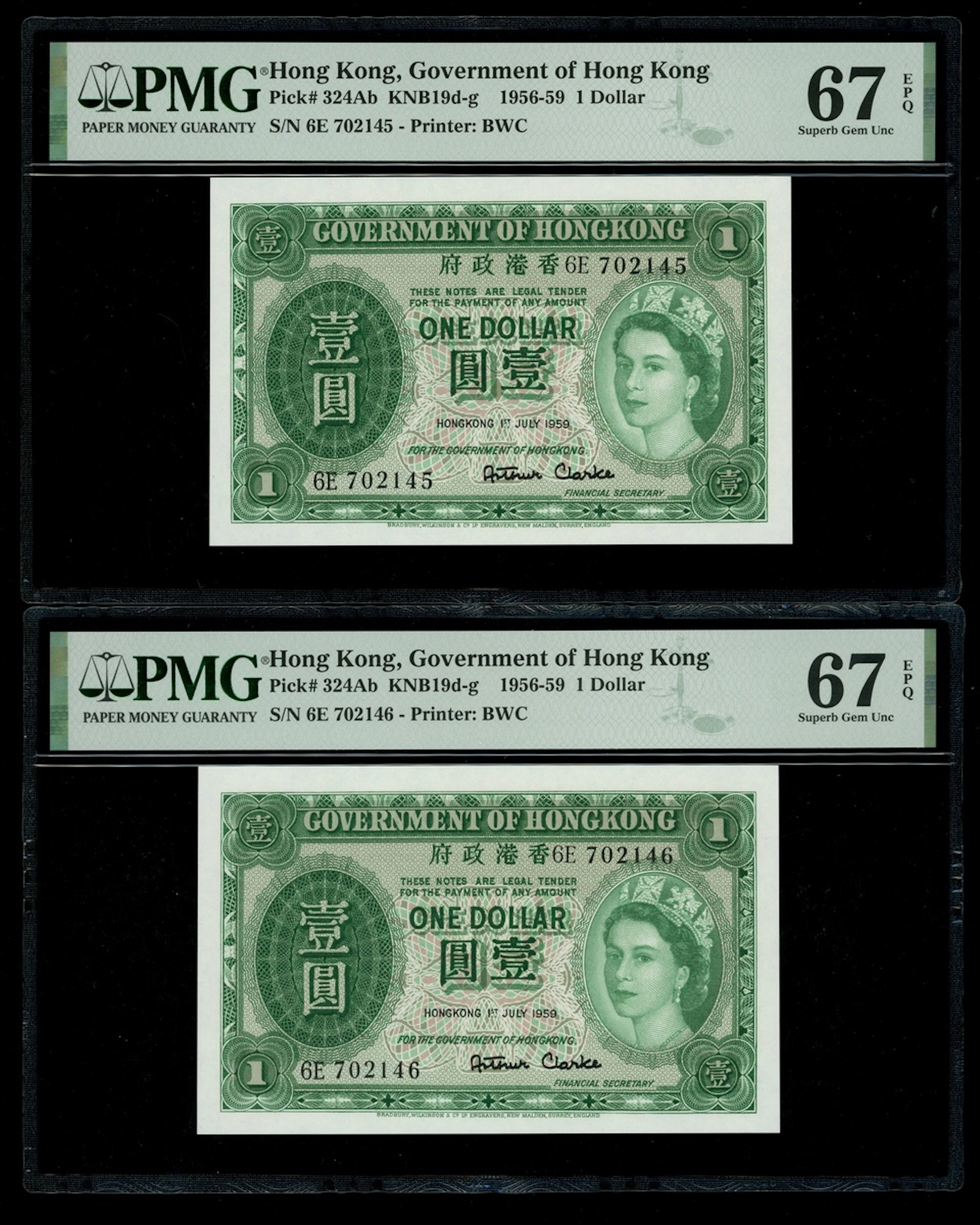 Government of Hongkong, consecutive pair of $1, 1.7.1959, serial numbers