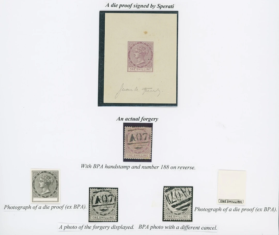 Dominica Sperati Forgery Sperati die proof for the 1886-90 1/- in