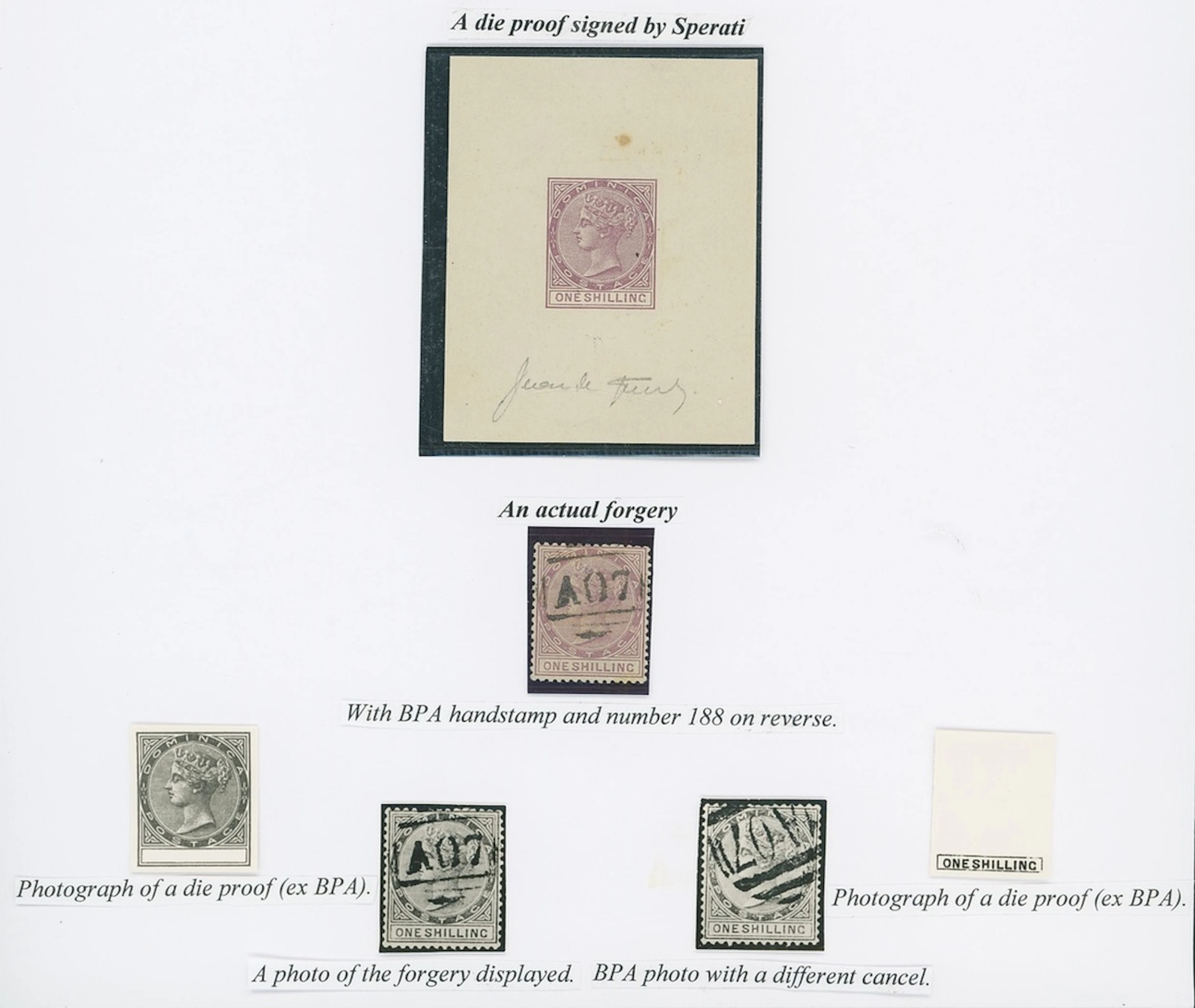 Dominica Sperati Forgery Sperati die proof for the 1886-90 1/- in