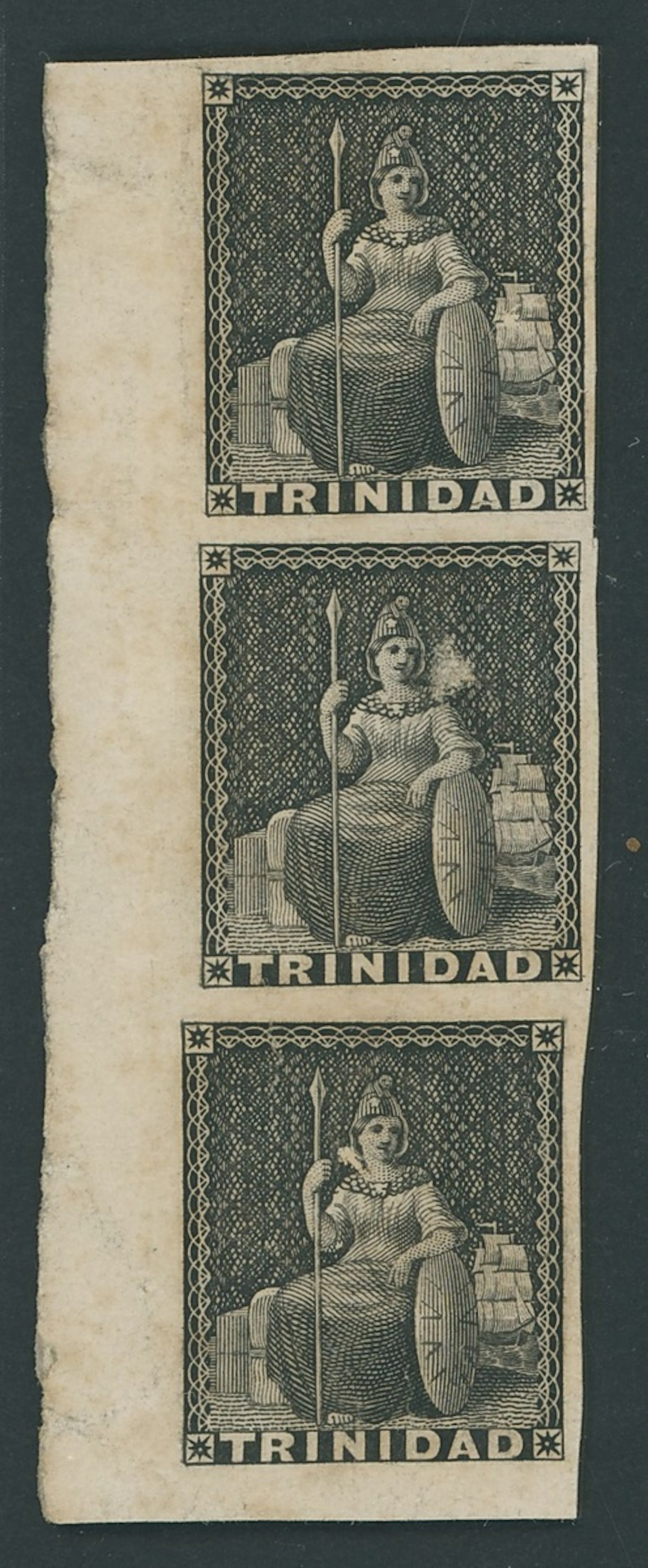 Trinidad 1851-57 lower left corner vertical strip of three imperforate