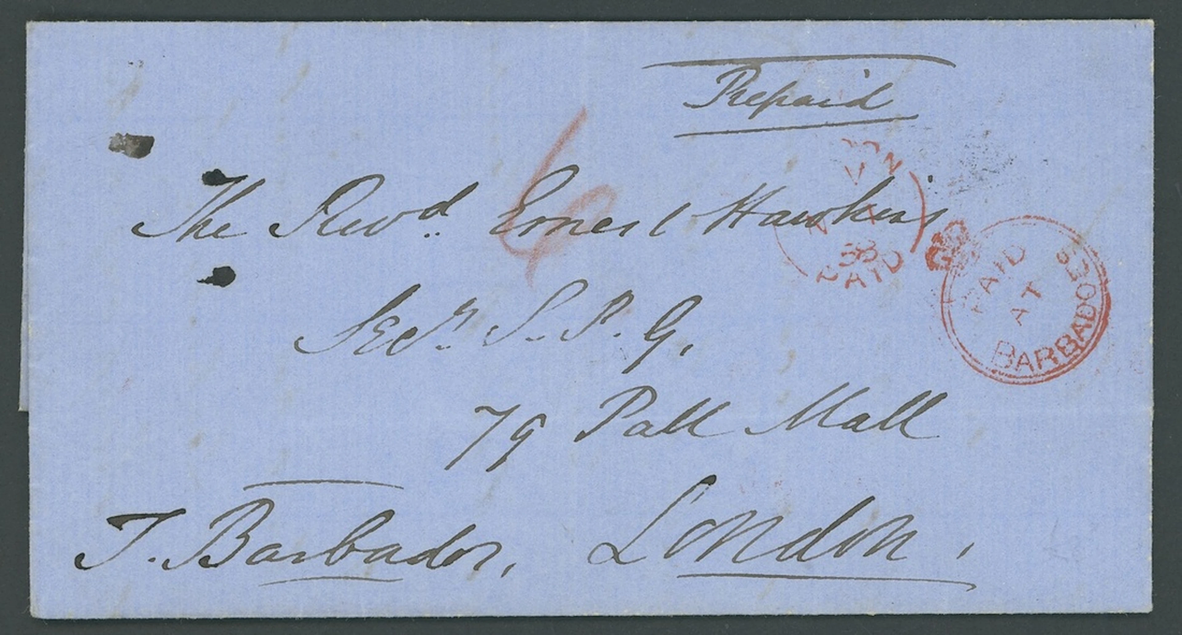 Barbados Early Letters and Handstamps 1858 (12 Oct.) entire to London