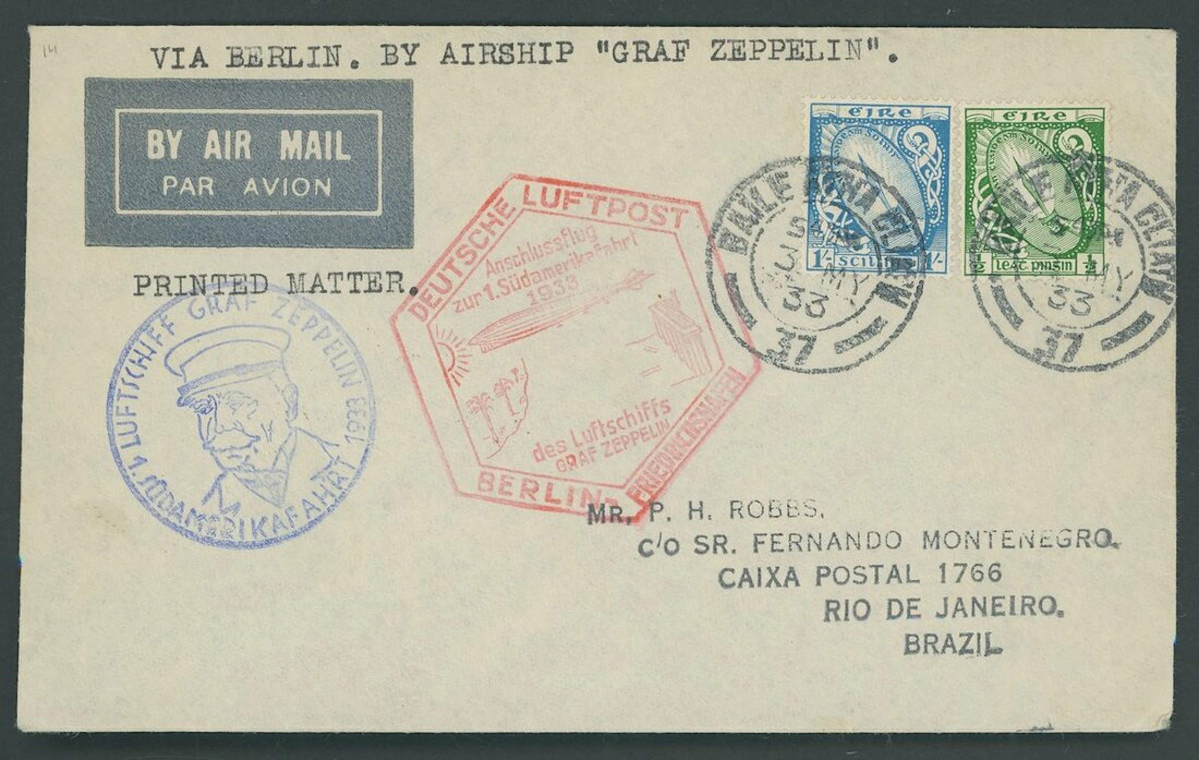 Ireland Zeppelin Mail 1st South America Flight. 1933 (3 May) envelope