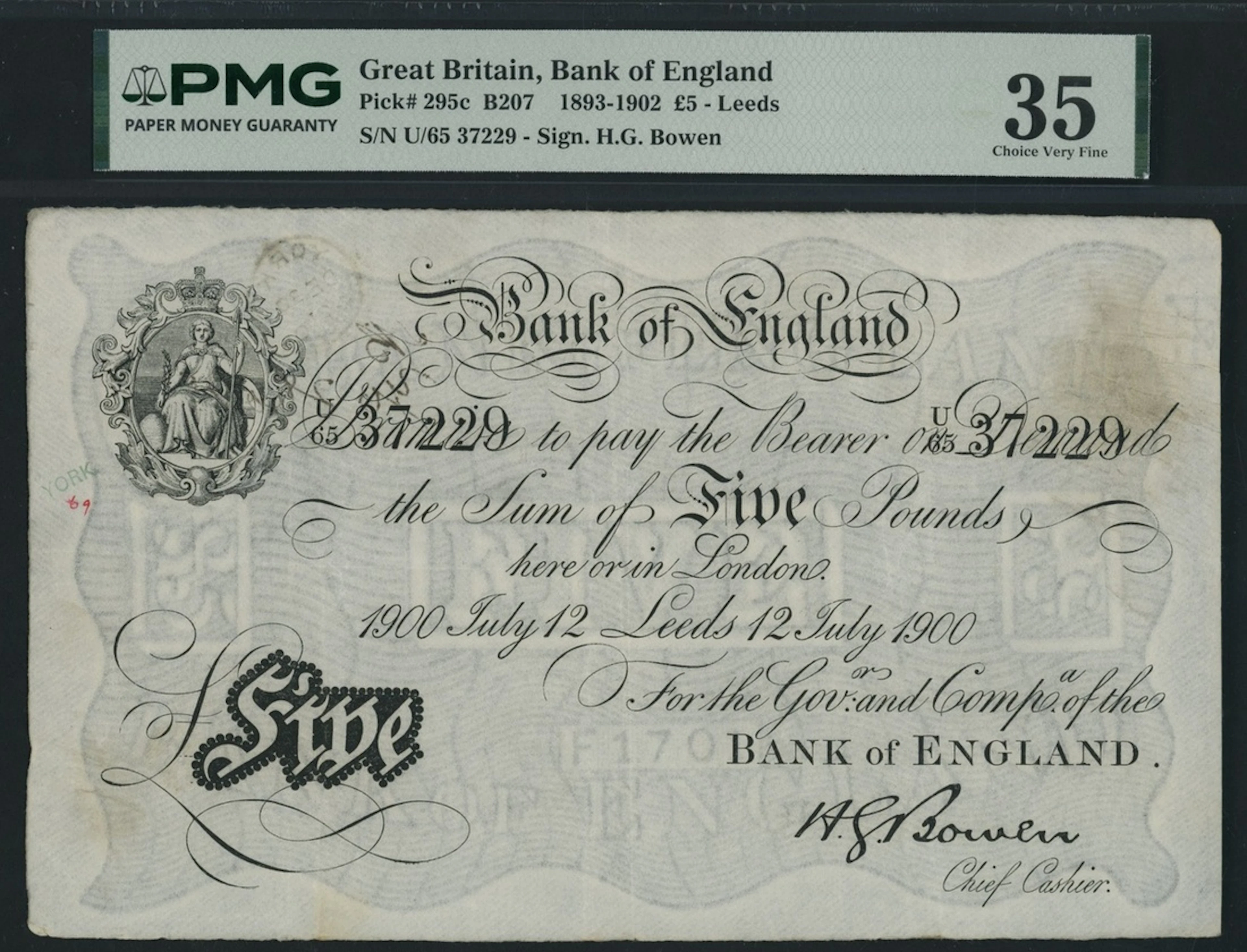 Bank of England, H. G. Bowen, £5, Leeds, 12th July 1900, serial number