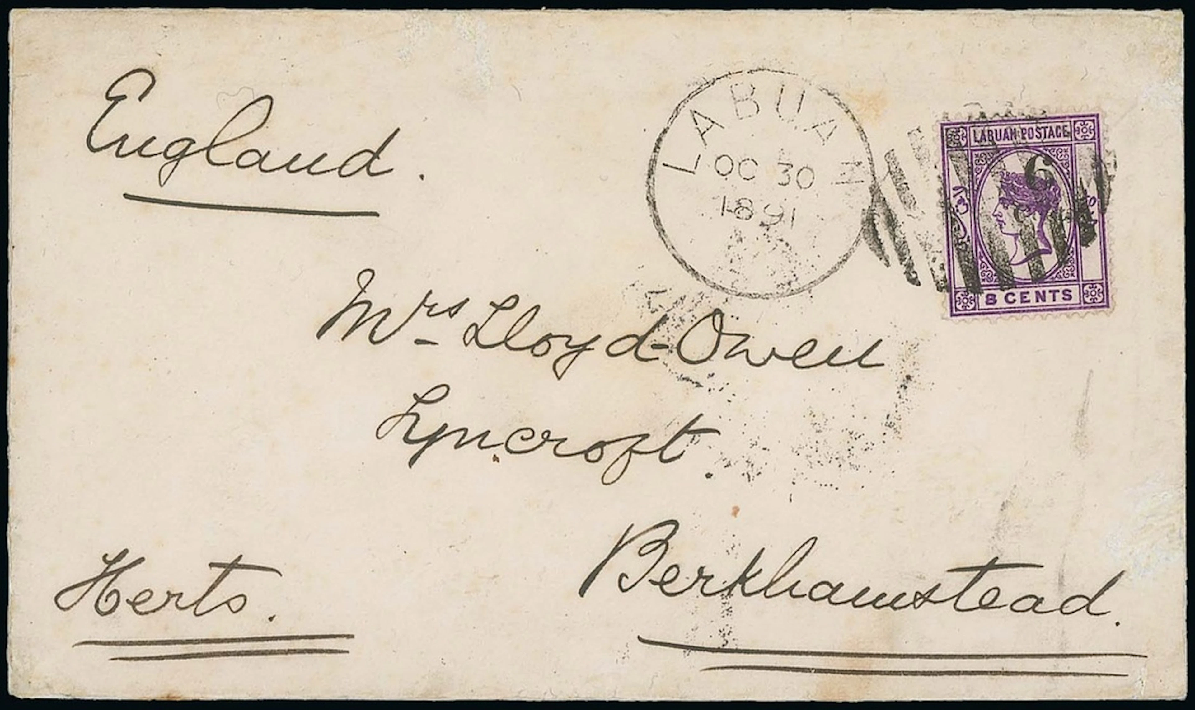 Labuan 1891-92 Surcharges Covers 1891 (30 Oct.) Lloyd-Owen envelope
