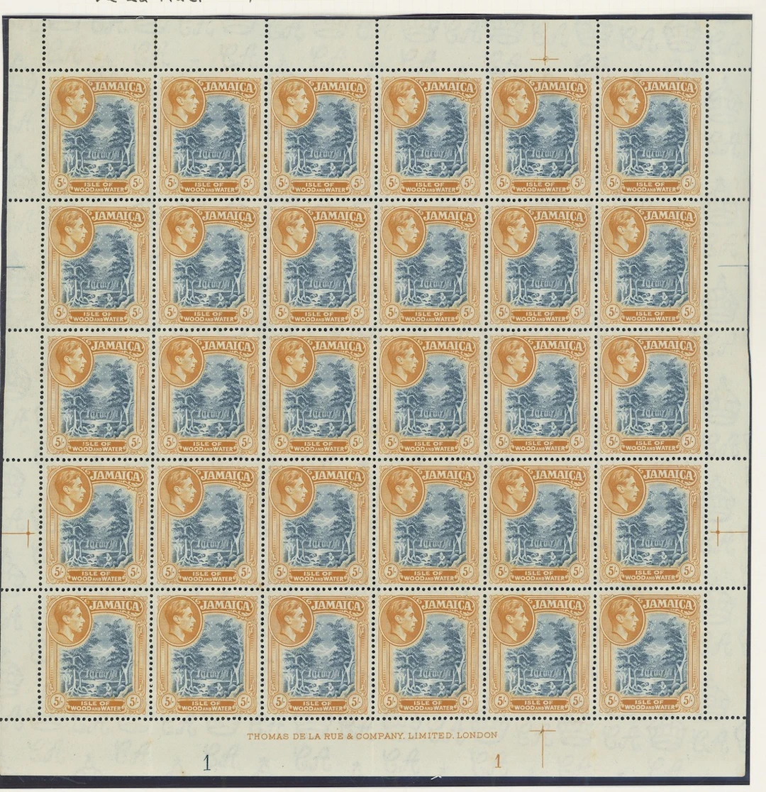 Jamaica 1938 (10 Dec.) 5/- slate-blue and yellow-orange, perf. 13.8x13.7