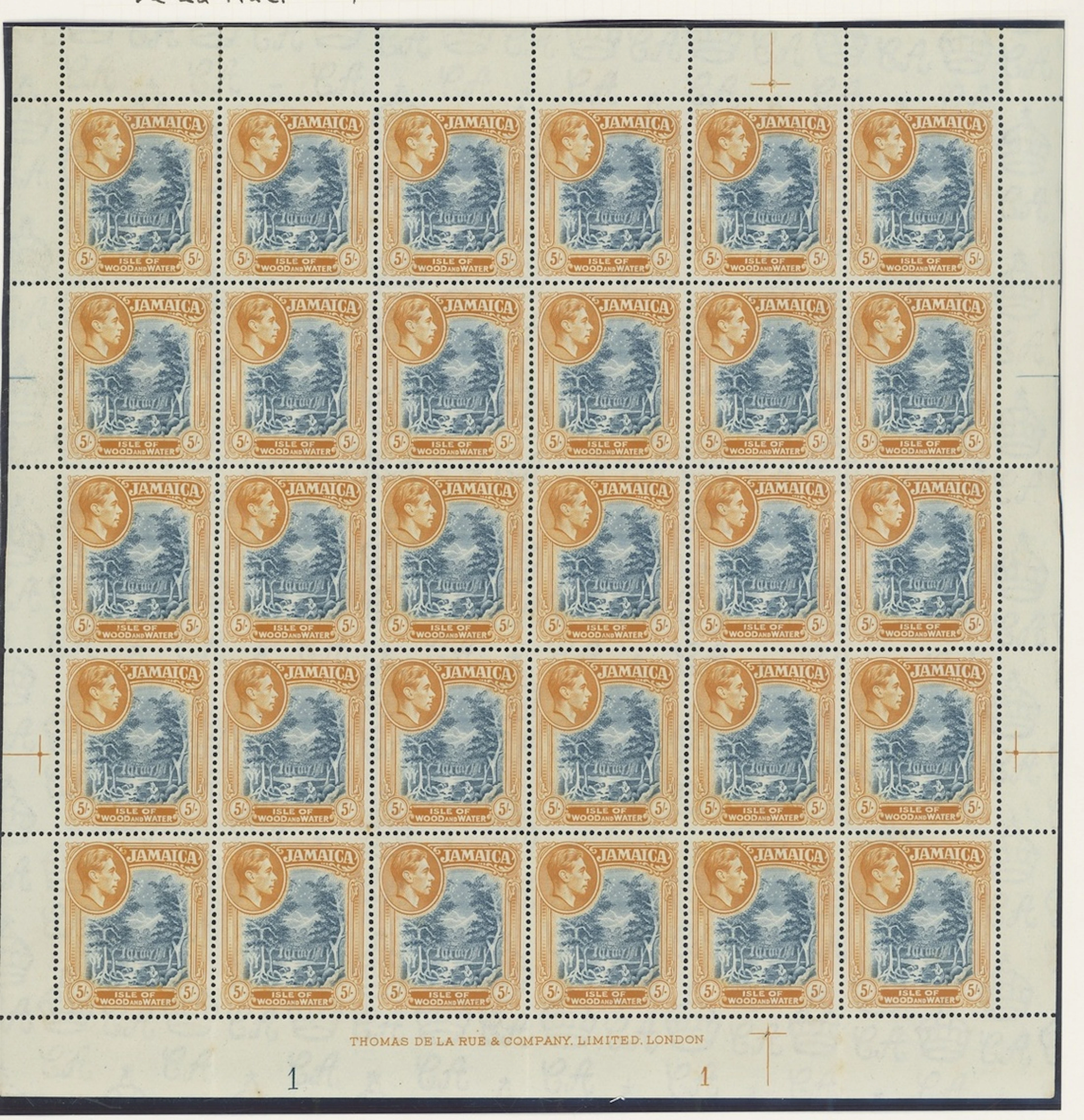 Jamaica 1938 (10 Dec.) 5/- slate-blue and yellow-orange, perf. 13.8x13.7