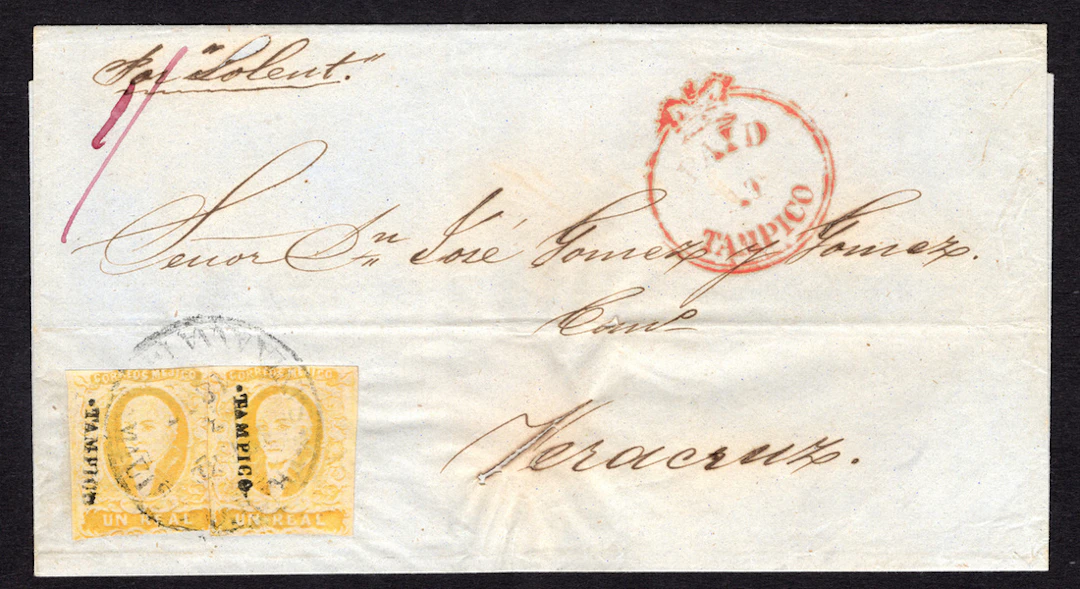 1856 "Hidalgos" Tampico. 1r. Yellow, two stamps, top and bottom margins