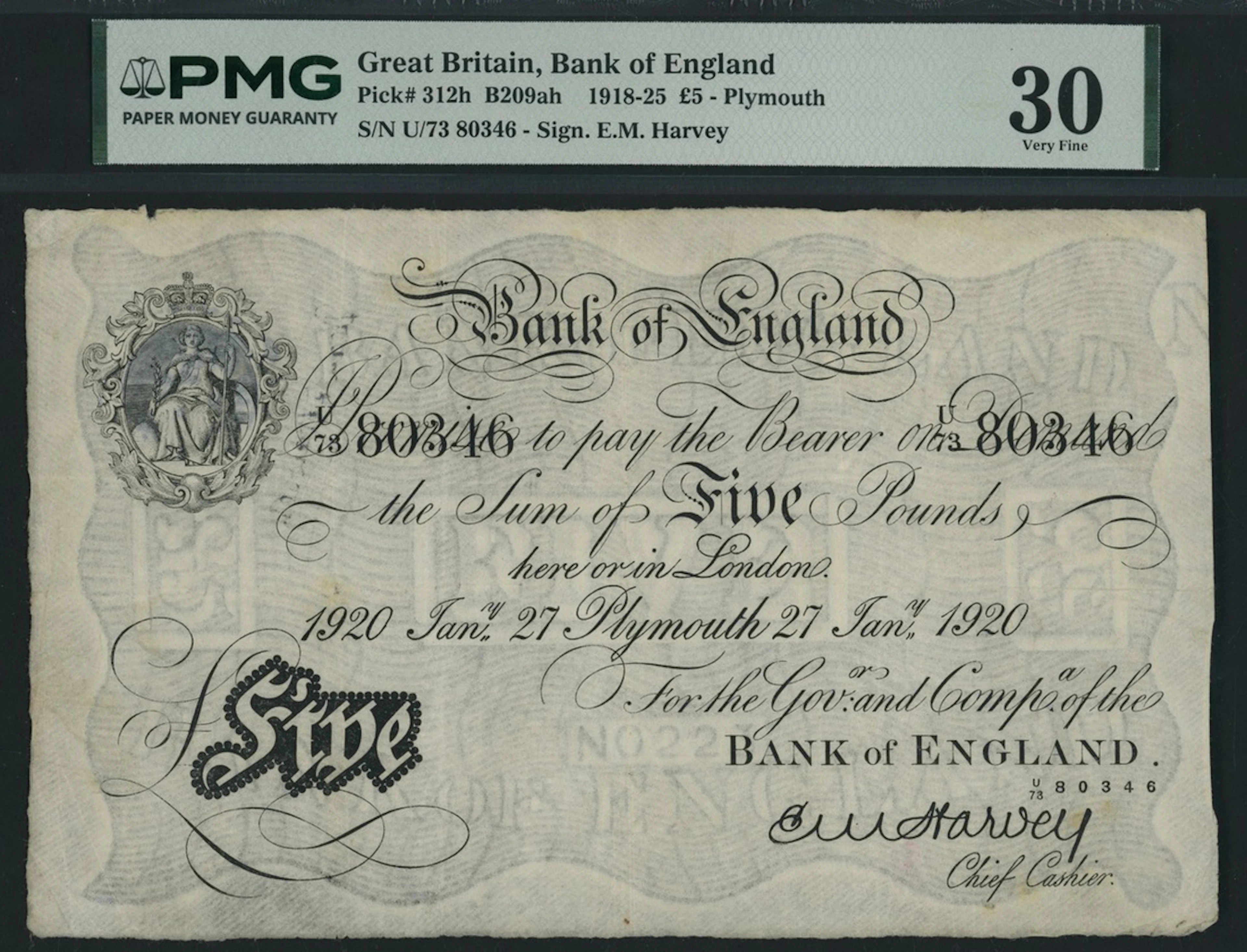 Bank of England, E. M. Harvey, £5, Plymouth, 27th January 1920, serial