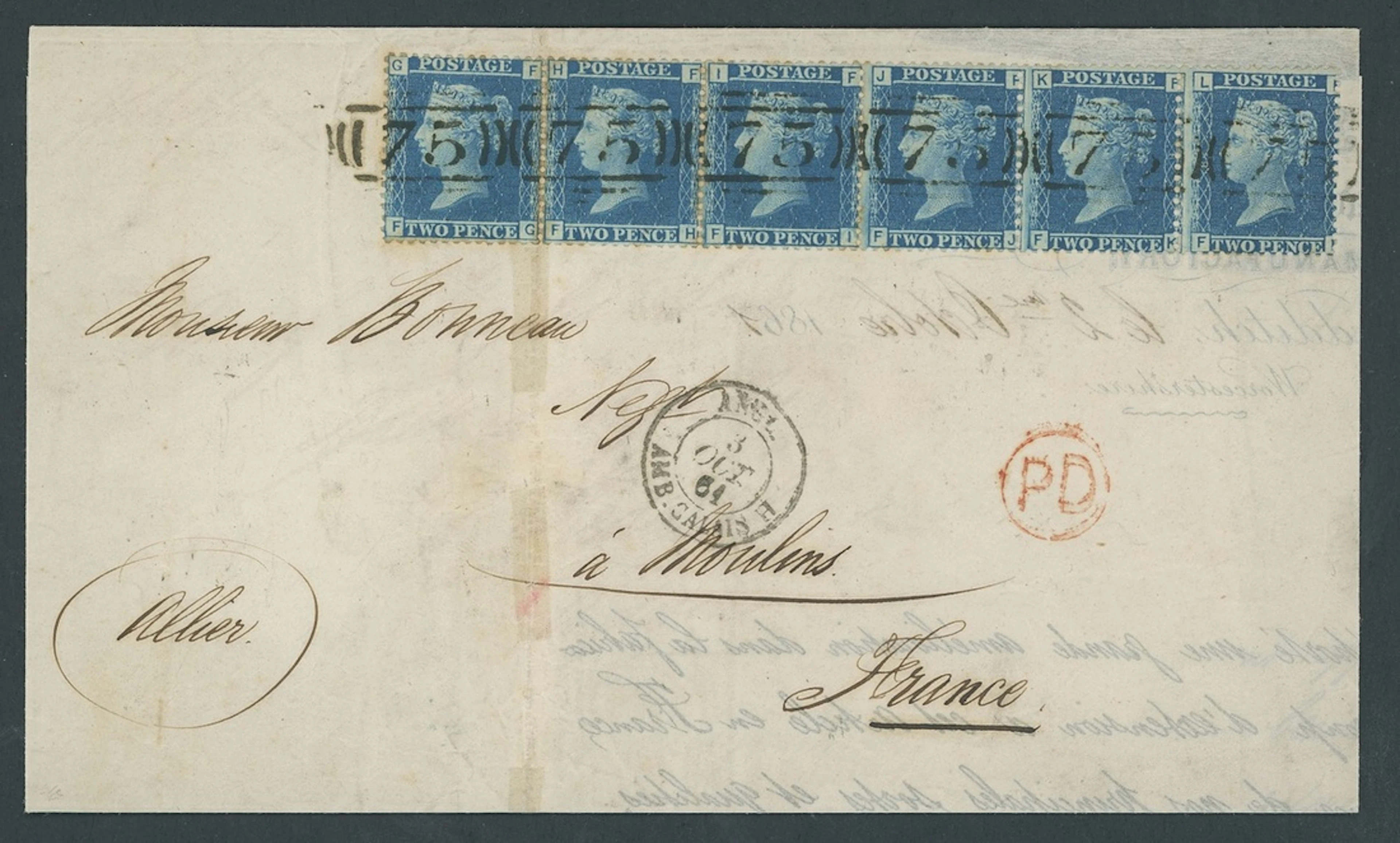 Great Britain 1858-76 Two Pence Blue Plate 8: FG-FL, horizontal strip