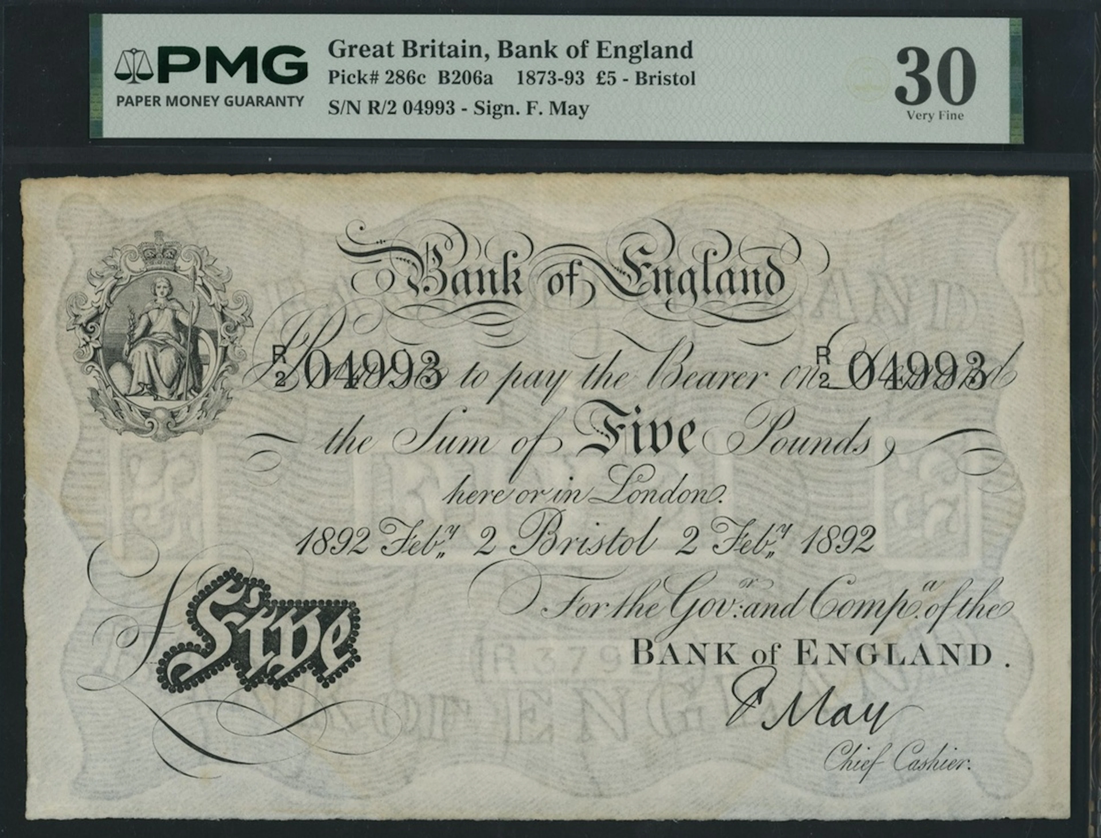 Bank of England, F. May, £5, Bristol, 2nd February 1892, serial number