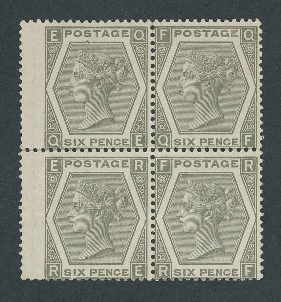 Great Britain 1872-73 6d. grey, plate 12, QE-RF wing margin block of four