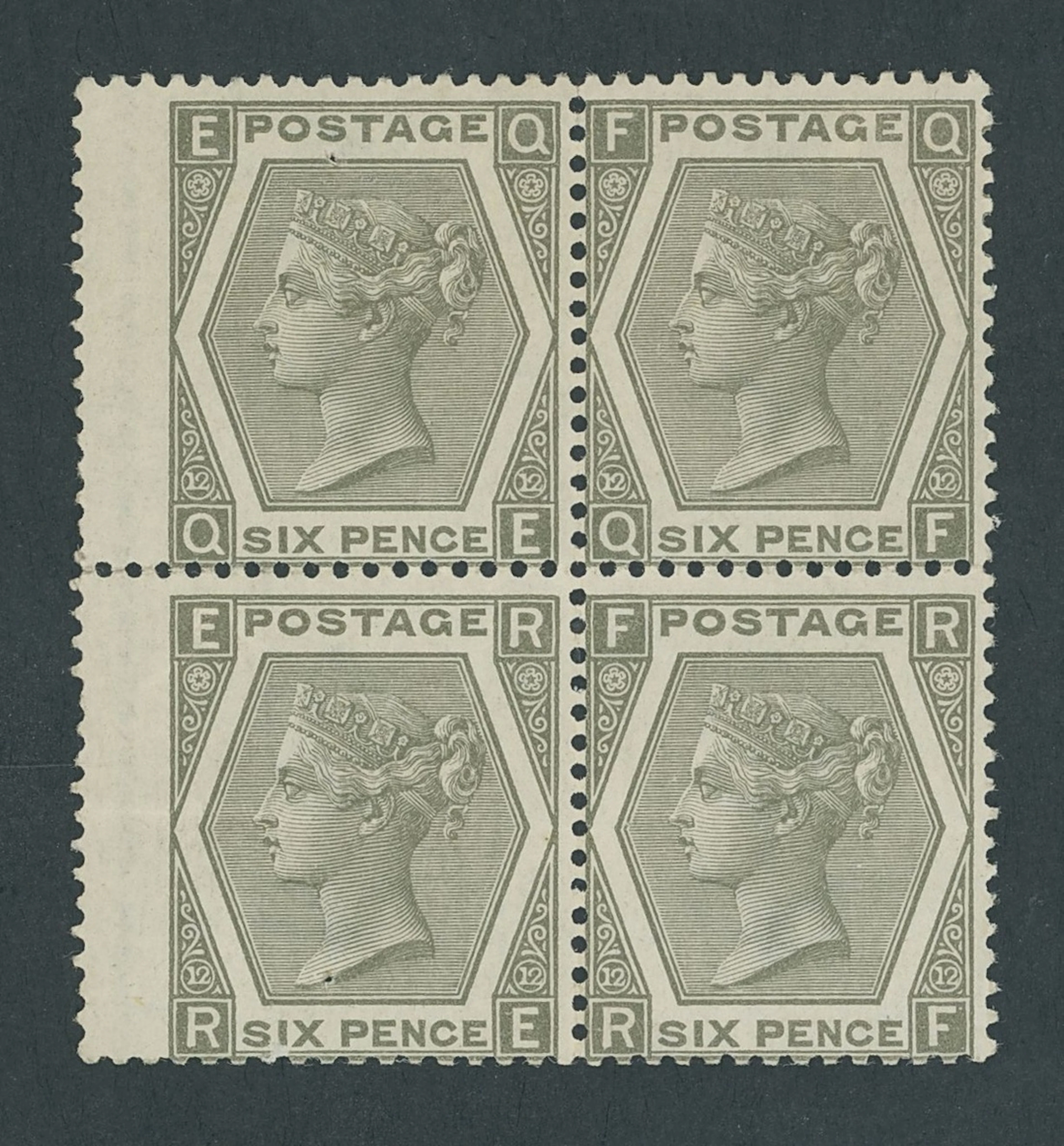 Great Britain 1872-73 6d. grey, plate 12, QE-RF wing margin block of four
