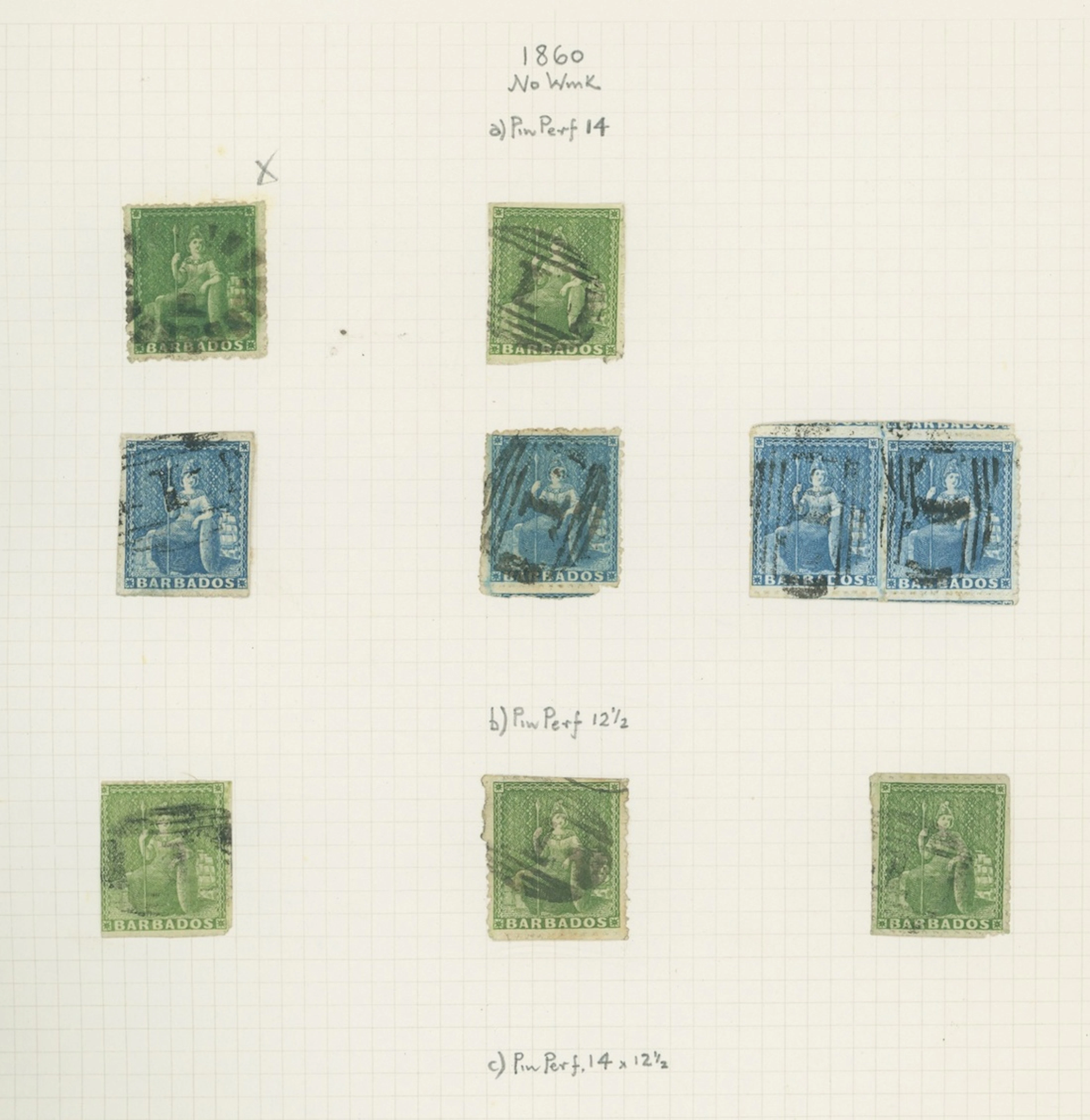 Barbados Britannia Issues 1860 pin-perf 14 (½d.) yellow-green, (1d.)