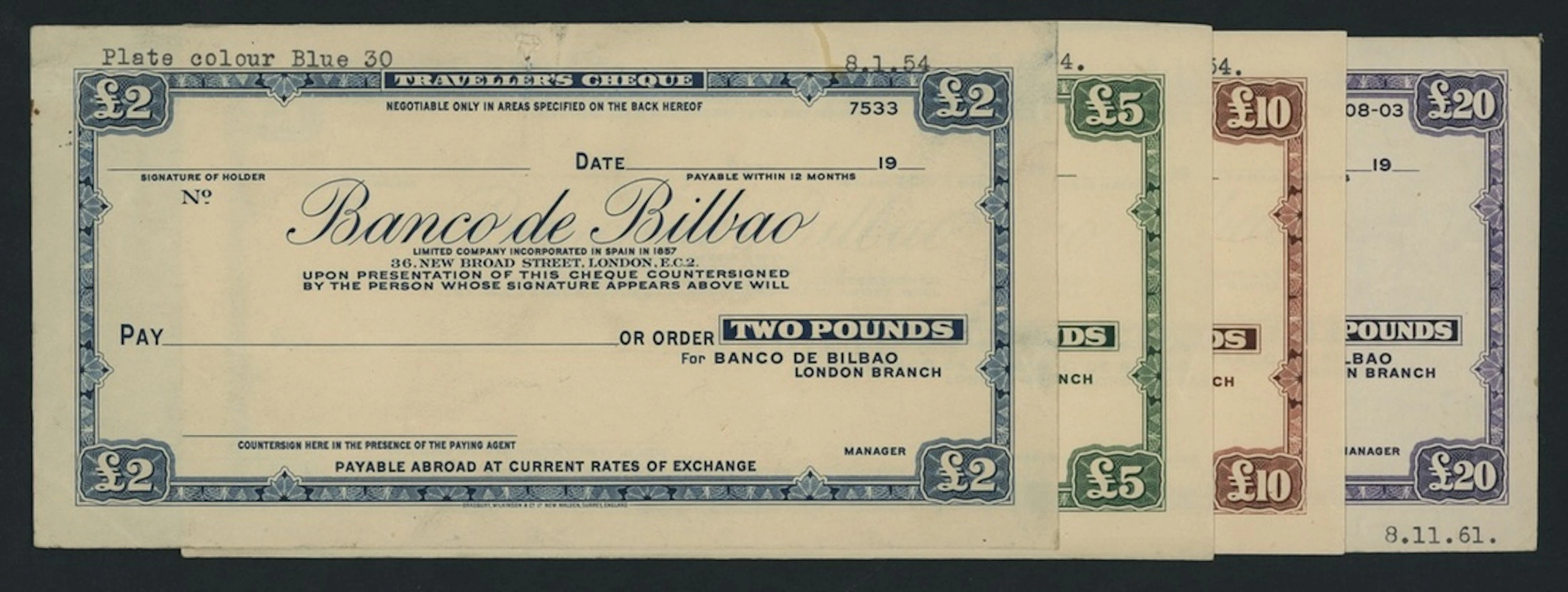 Banco de Bilbao, Spain, [4 notes] traveller's cheque proofs for 2